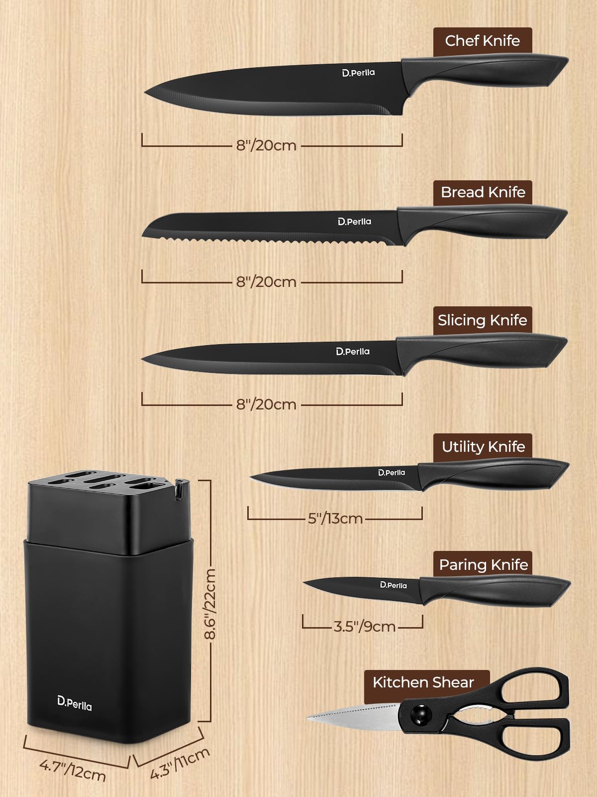 D.Perlla Juego de Cuchillos de Cocina 7 Piezas, Acero Inoxidable, Bloque con Afilador Integrado
