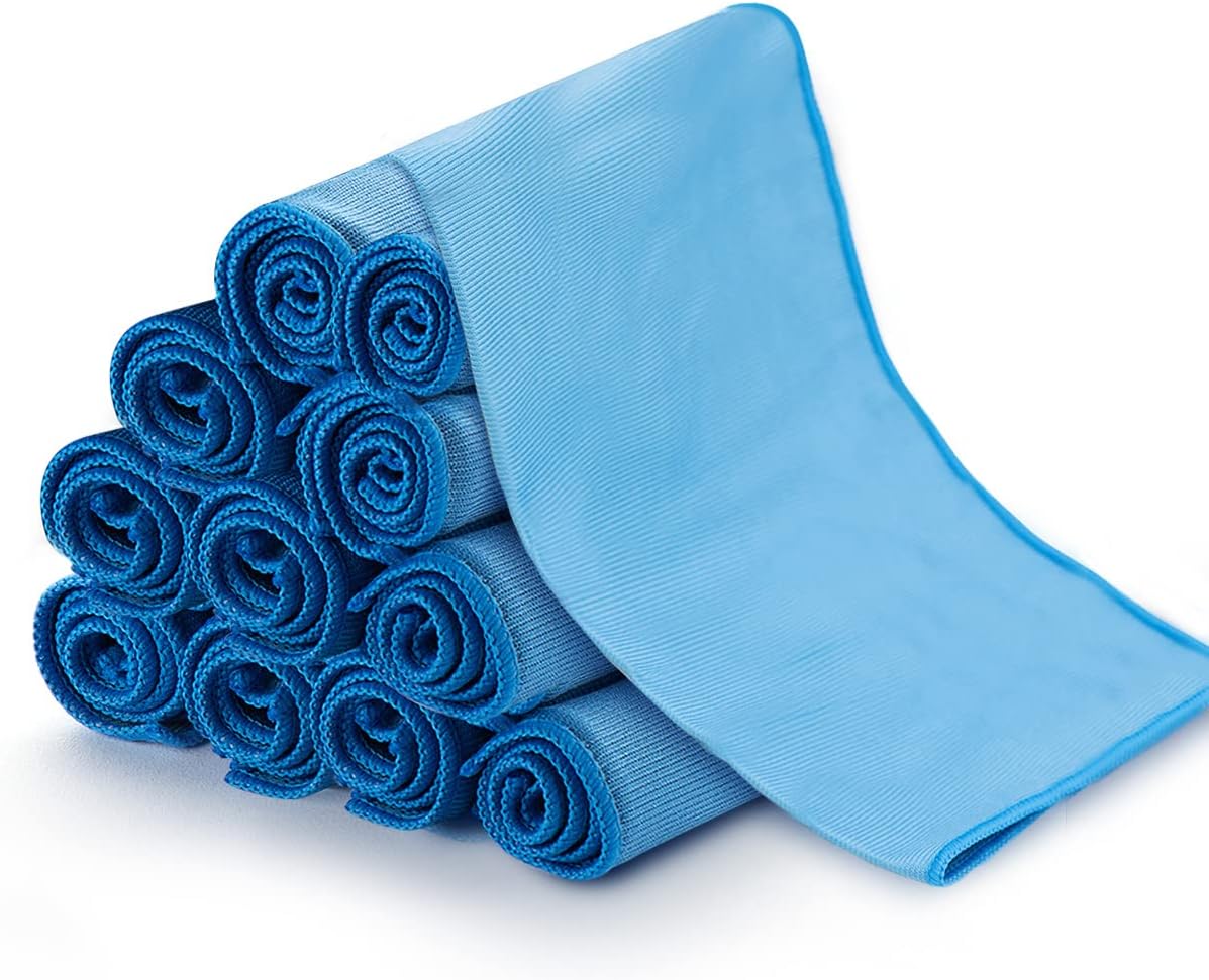 12 Pcs Microfiber Glass and Window Cleaning Cloths,12" x 12" Lint Free Streakless Buff Polishing Cloth,Quickly Clean Windows, Windshields, Mirrors, and Shower Glass Doors,Washable and Reusable