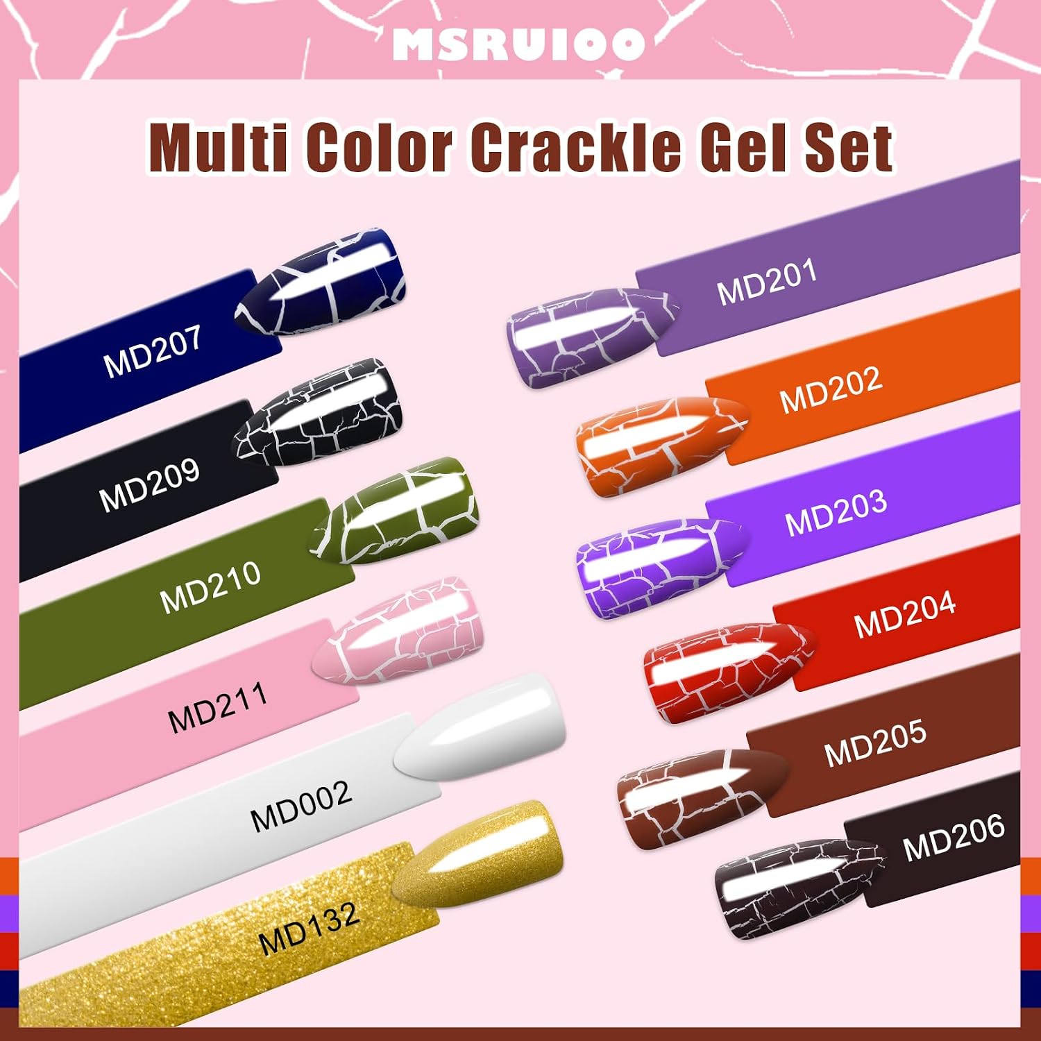 12Pcs Crackle Gel Nail Polish Set, Crackle Nail Polish with White Gold Gel Polish Amazing Crackle Effect UV LED Lamp Needed 10 Colors