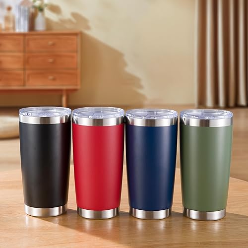 Miniatura 9 de Cool Yoleb Vasos de 20 onzas de acero inoxidable a granel con tapa, doble pared aislada al vacío, taza de café de 20 onzas con recubrimiento en