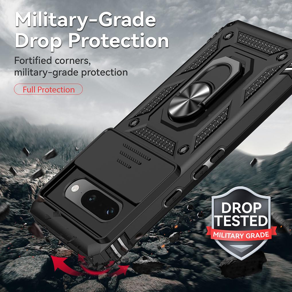 Custodia Google Pixel 7 Con Copri Fotocamera Scorrevole | Antiurto Militare Con Anello Supporto E Magnete Auto | Bumper Rosso In TPU E PC