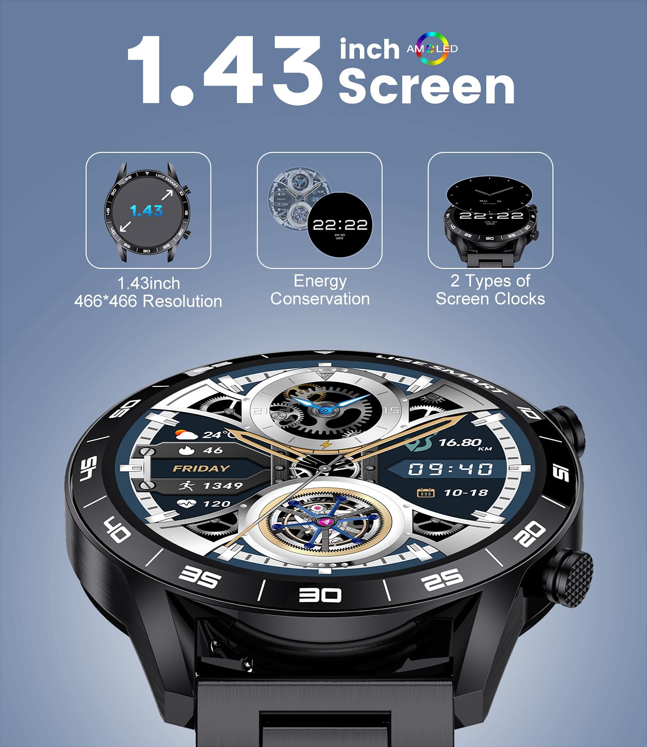 Smartwatch Uomo 1,43'' AMOLED, Effettua o Risposta Chiamate e Assistente Vocale, Orologio Smartwatch con Durata Batteria di 15 Giorni, 100+ Modes Sportifs Fitness Tracker per Android iOS