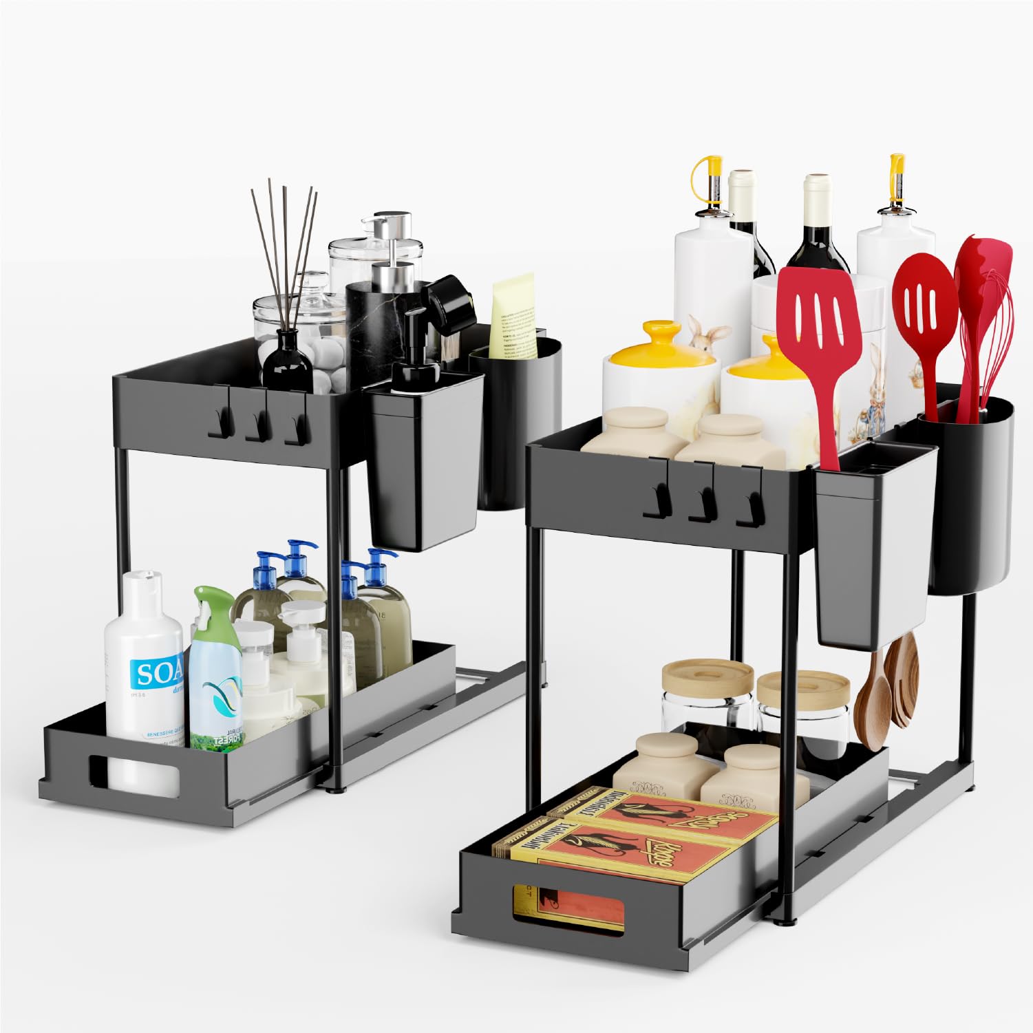 Lifelong Plastic 2-Tier Under Sink Storage Organizer(Pack of 2),Pull Out Cabinet,Drawers for Kitchen Cabinets,Sliding Rack with Panels & Hooks,Multipurpose Organiser for Kitchen(LLEUS18),Black-image-8