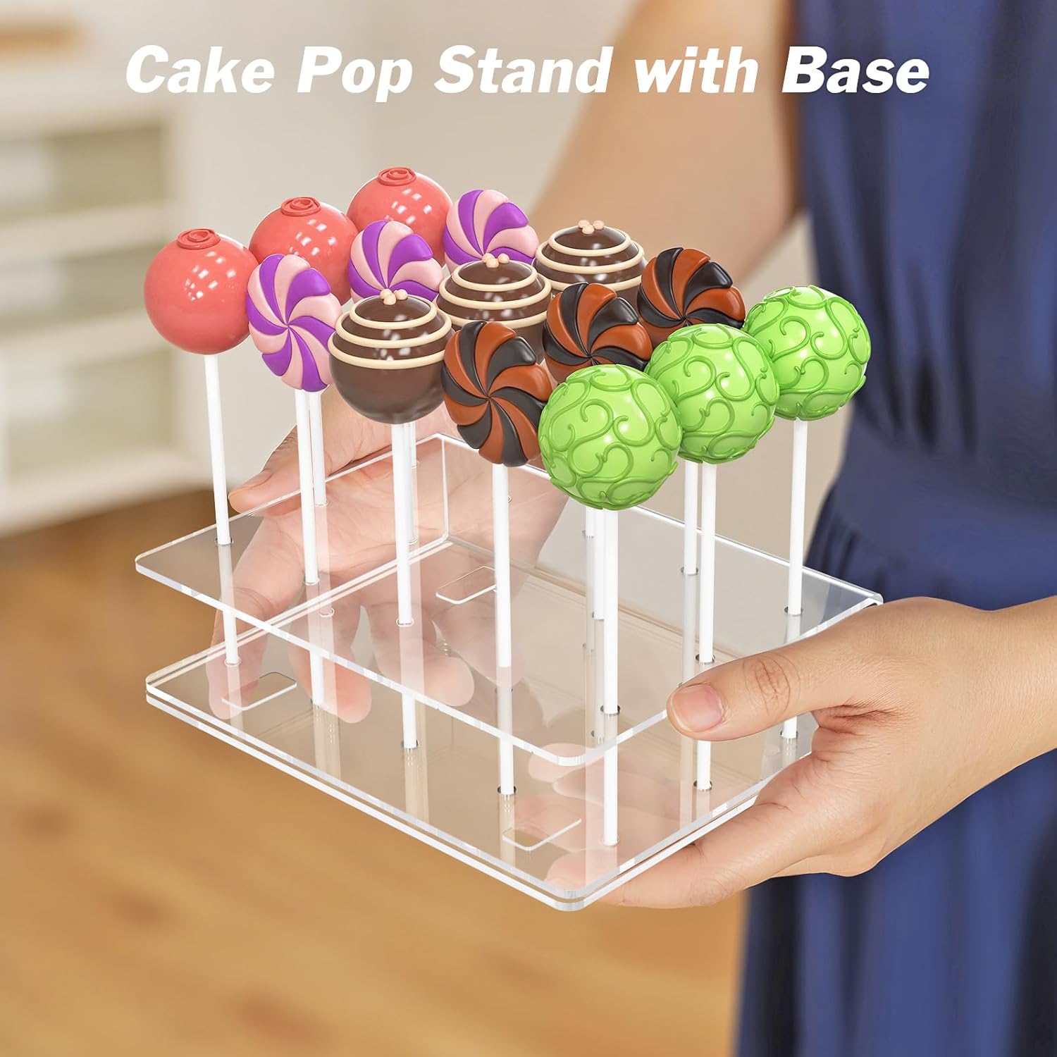 2 Pack Cake Pop Stand with Sticks Kit, Acrylic Cake Pop Display Holder with Base, Clear Lollipop Stand, 15 Holes Candy Pop Holder with 100 Pcs Sticks, 100 Pcs Clear Wrappers, 100 Pcs Gold Twist Ties - Image 4
