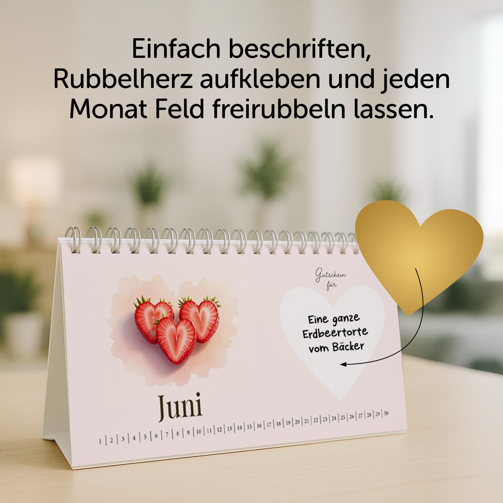Gutscheinkalender für Paarzeit und Dates, Tischkalender DIN Lang mit 12 Seiten und Rubbelaufkleber, neutraler Kalender, Gutscheine zum selber ausfüllen, Gutscheinbuch Kalender