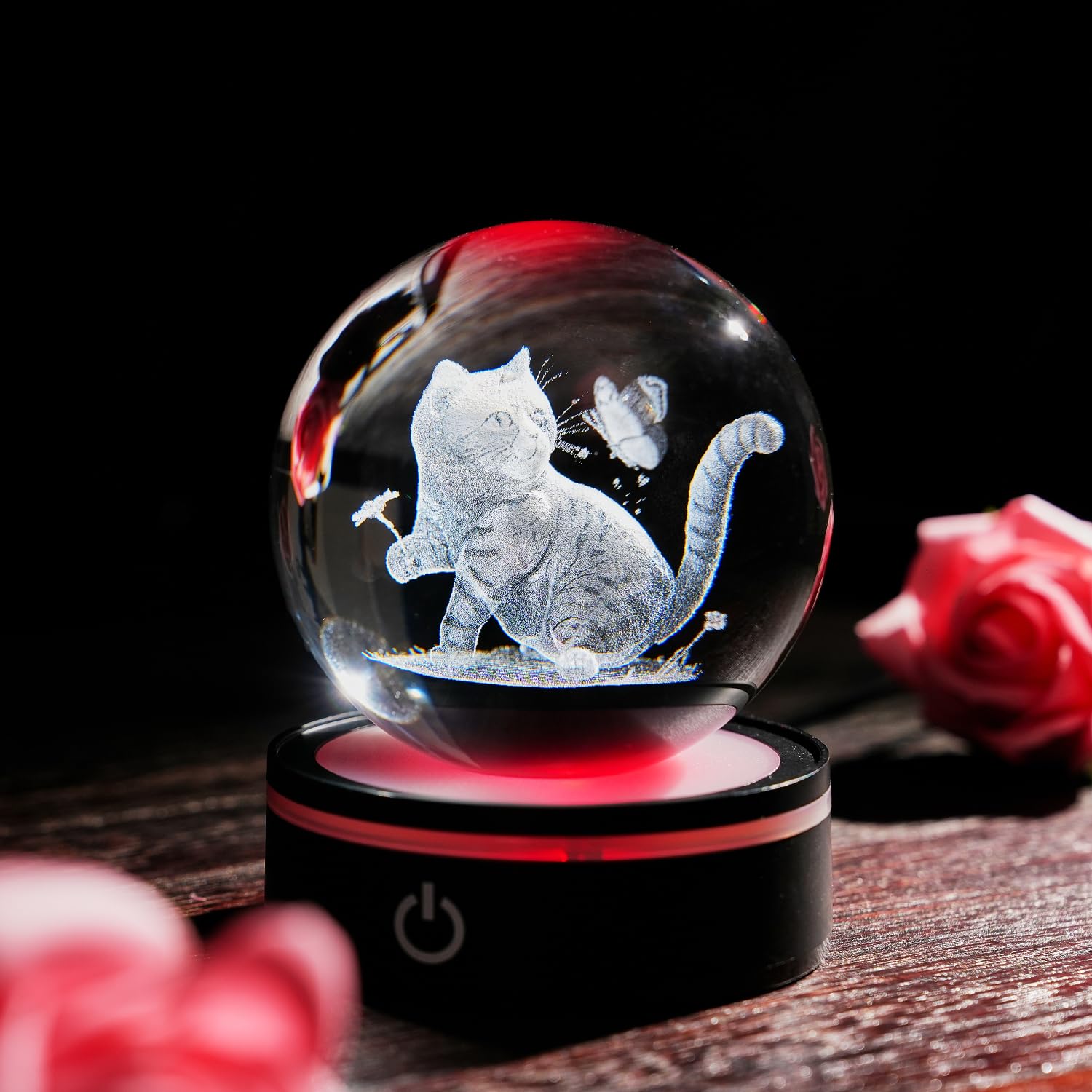 3D Crystal Ball Cat Figurines: 3.15"/8CM Glass Sphere with Engraved Cat & Butterfly Night Light Snow Globe Paperweight and Gift for Cat Lovers, Women and Men on Birthday & Mothers Day