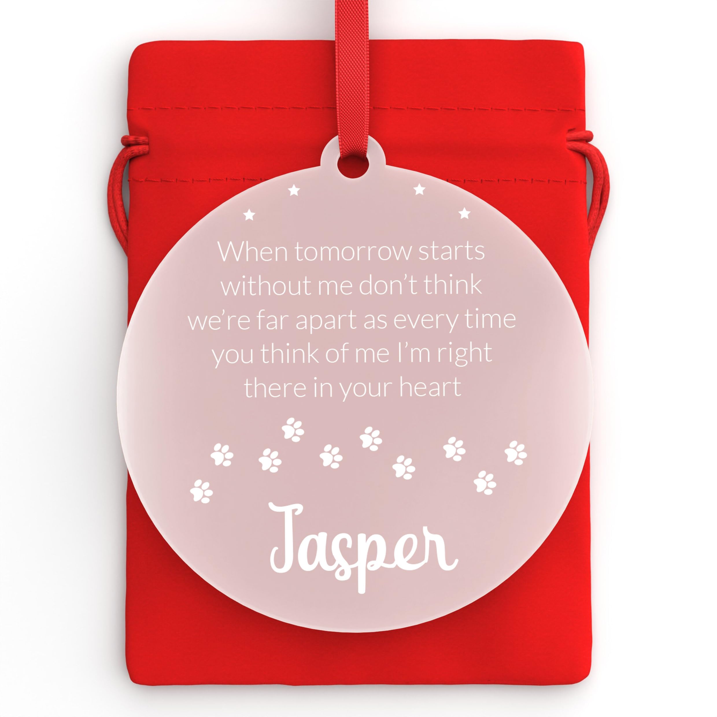 Beecreative Personalised Dog Memorial Christmas Decoration - Dog Memorial Gifts - Pet Memorial Bauble - Dog Cat Pet Xmas Tree Decoration - With Red Bag