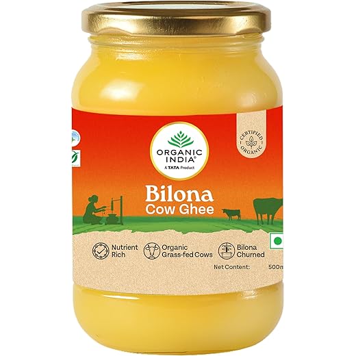 A TATA Product - Organic India Bilona Cow Ghee 500ml, Pure & Nutrient-Rich, Bilona Churned