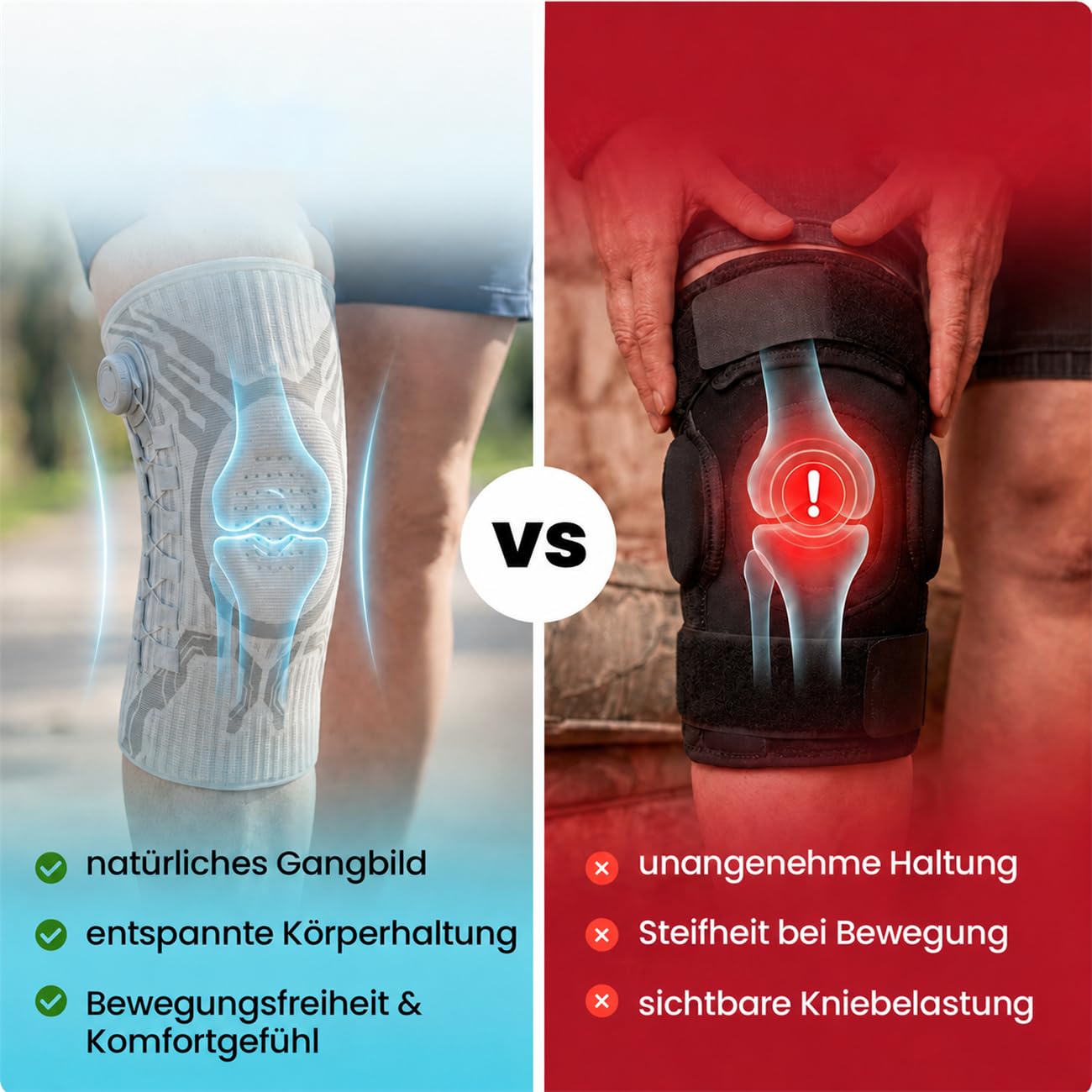 Verstellbare Kniebandage für Damen & Herren – Kompressionsstütze mit seitlichen Stabilisatoren & Patella-Gel-Pad, Atmungsaktive Knieorthese für Sport, Meniskus, Arthritis & Gelenkschmerzen