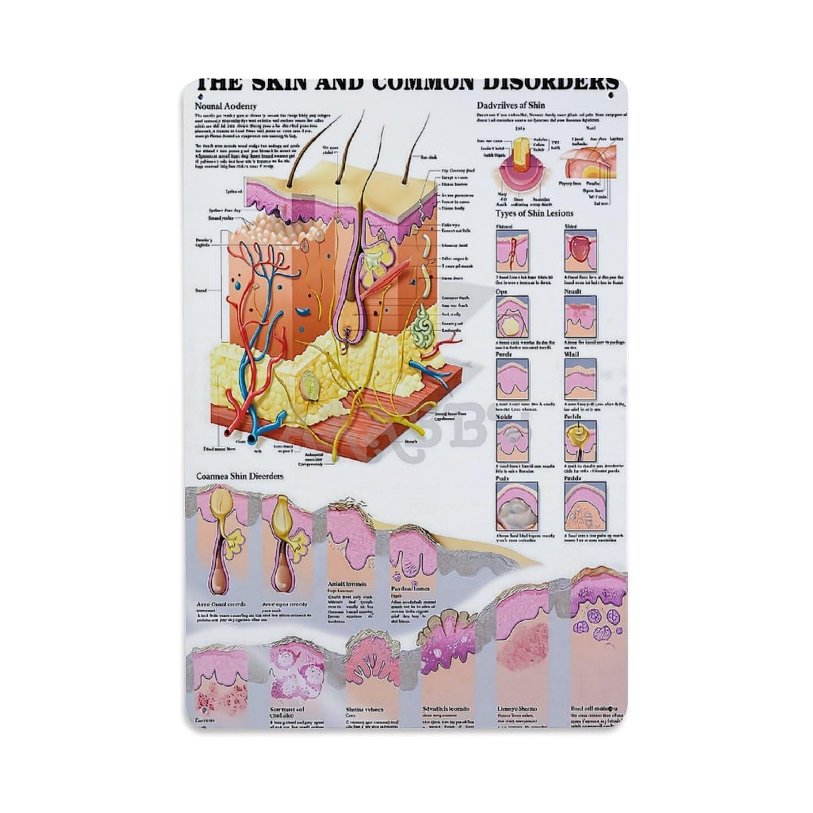 Skin Anatomy And Disorders Diagram Retro Metal Tin Sign, Vintage Decor Art Poster for Bar, Home, Man Cave, Kitchen, Laundry Room Gift 8x12Inch