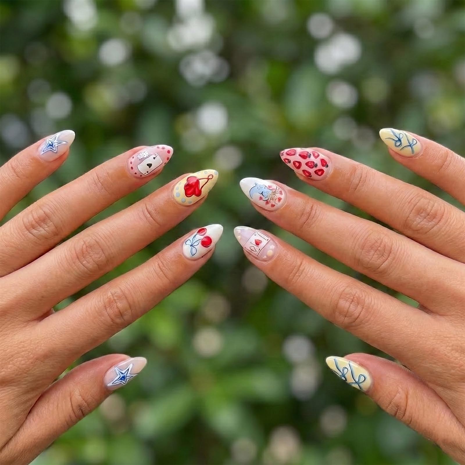 24 Pcs Press On Nails Short False Nails Fake French Tip False Flower Press Fun and Whimsical Theme Mix Playing Cards Strawberries Hearts Bows Perfect for Lively (Love Heart Nails)