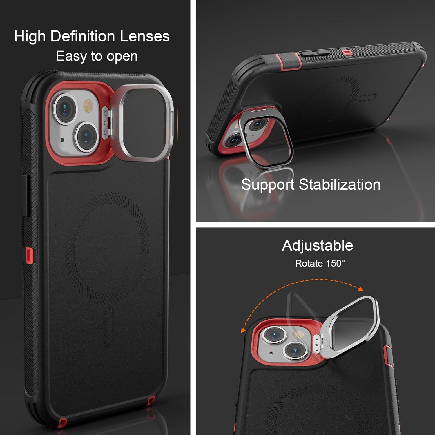 Follaroma for iPhone 14 Plus Case with Stand & Built-in Camera Cover, MagSafe Compatible, Heavy-Duty Shockproof Protection, Magnetic & Rugged Phone Cover for iPhone 14 Plus 6.7'', Black-red