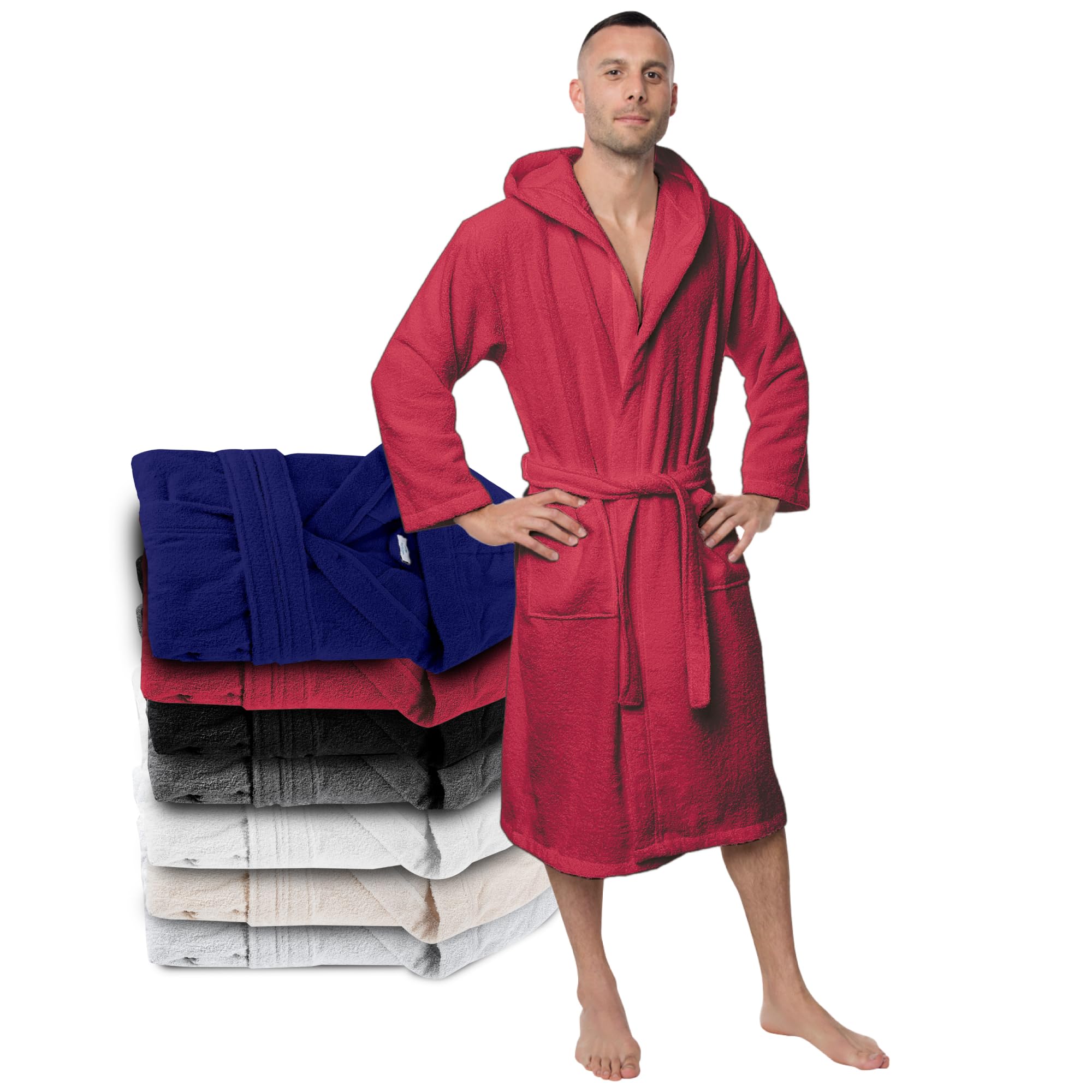 Twinzen Men's Burgundy Bathrobe 100% Cotton Oeko-Tex® Certified - Xl - Premium Dressing Gown & Wo Absorbent Towelling With Hood, 2 Pockets, Belt