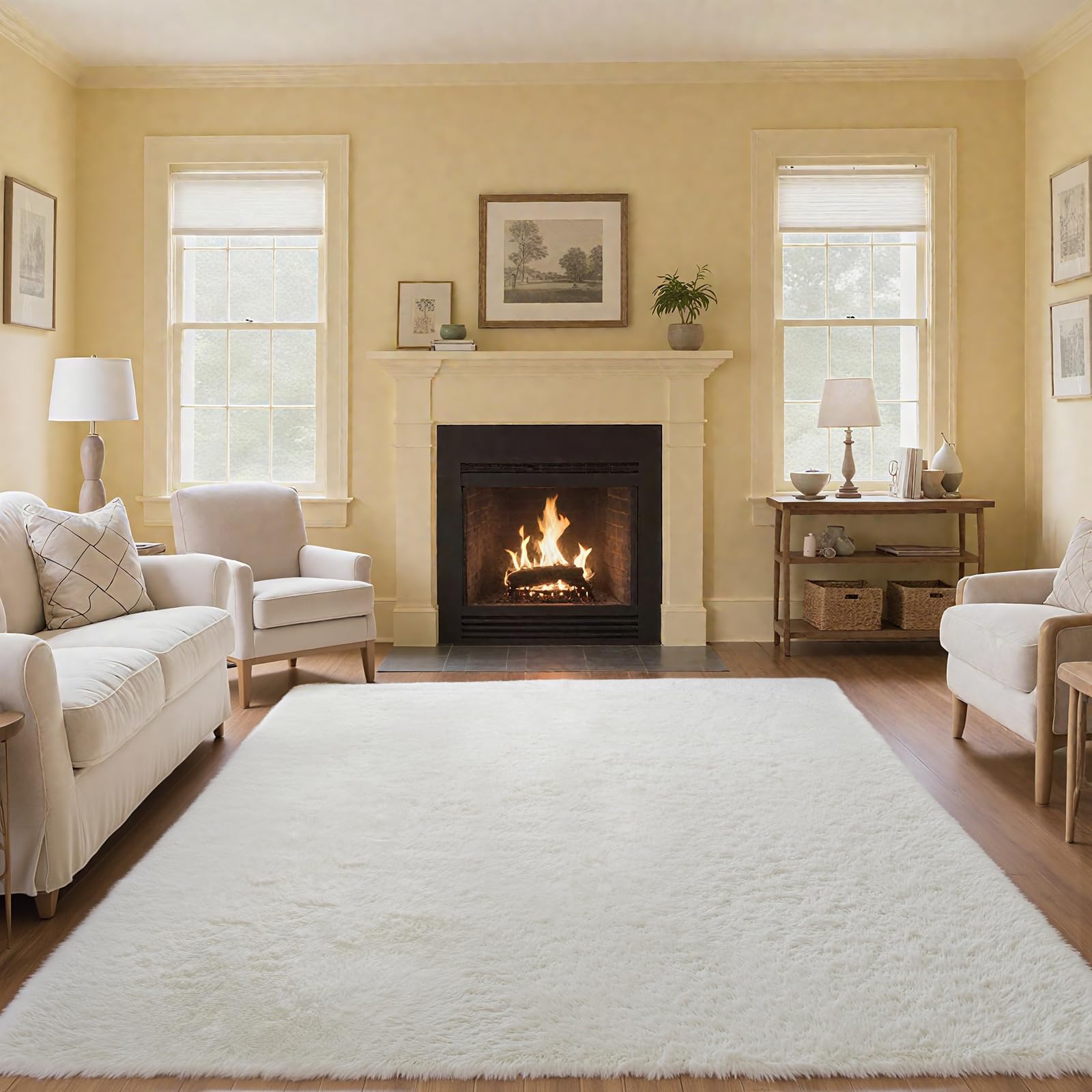 Tapis Salon Chambre Blanc 160 x 230 cm à Poils Longs Tapis de Chambre Descente de lit Moelleux Tapis Doux Poils Longs pour Salon Chambre Canapé