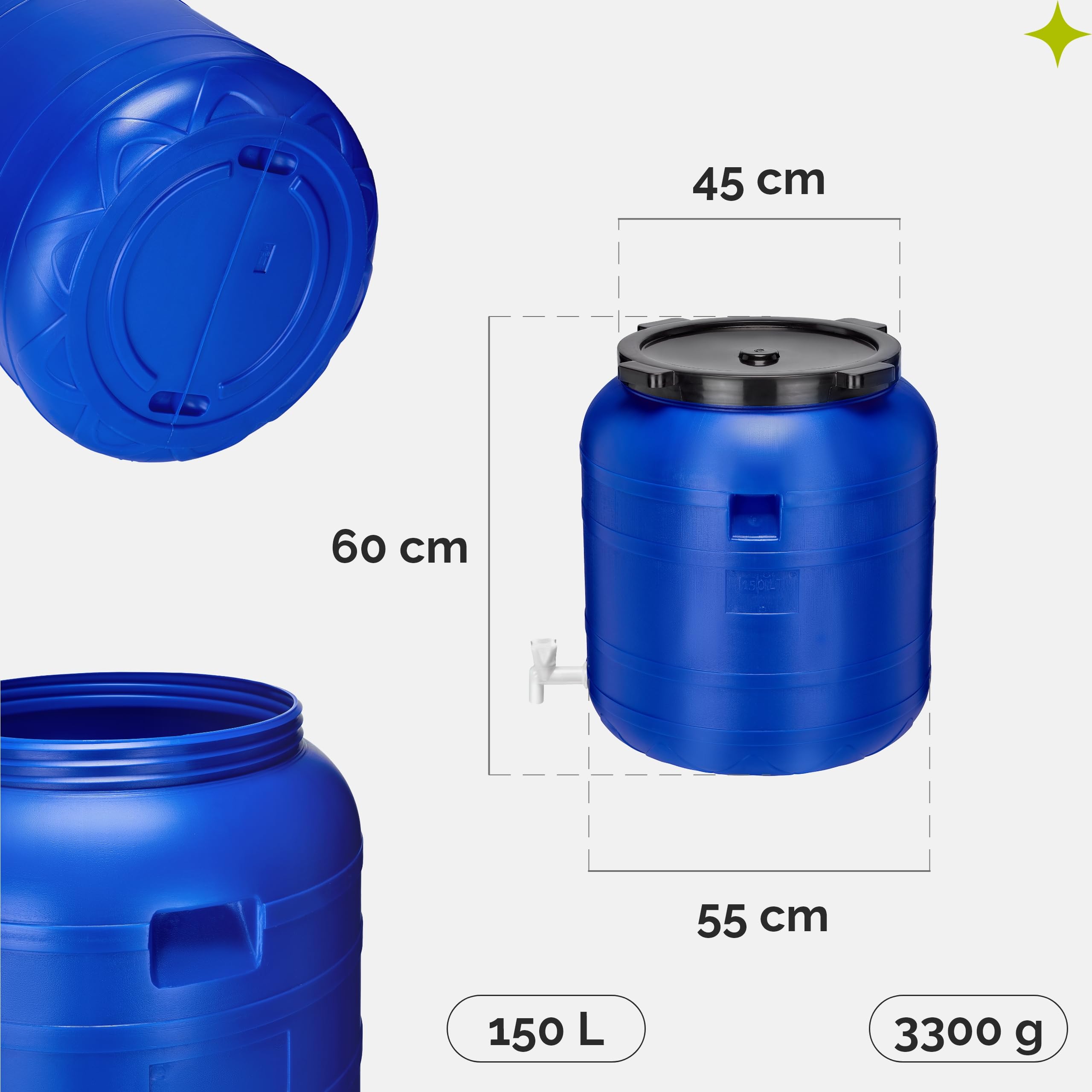 Garronda Récupérateur d'eau de Pluie Large 150 litres sans BPA avec Robinet et Couvercle Jerrican pour Jardin GD-0092, Bleu