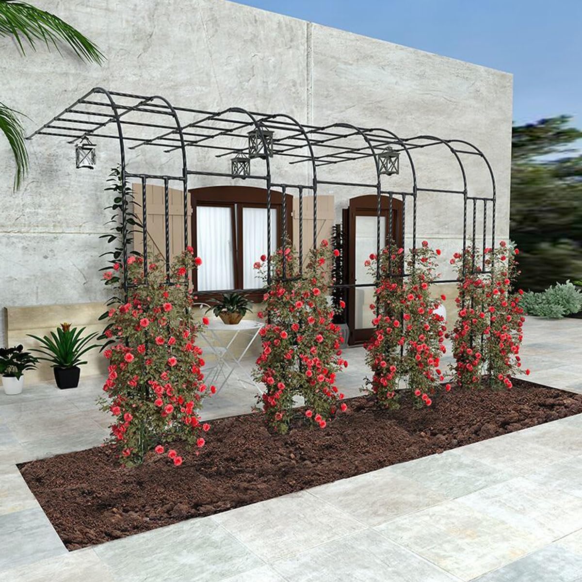 Metalowy łuk ogrodowy do roślin pnących, 240 x 270 cm, pergola zewnętrzna, wsparcie róż, stabilna kratka do winorośli, dekoracyjna altana do ścieżki ogrodowej i podwórka