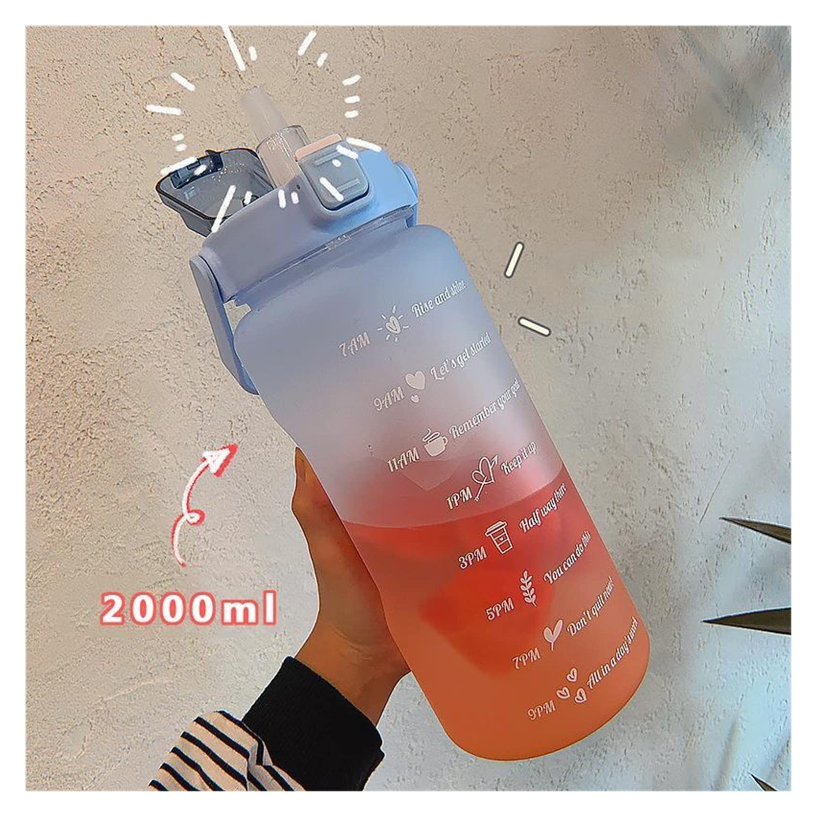 Botella de Agua de Gran Capacidad 2L con Cubierta de Rebote Recordatorio de Escala de Tiempo Copa Impermeable Helada for Deportes al Aire Libre Fitness