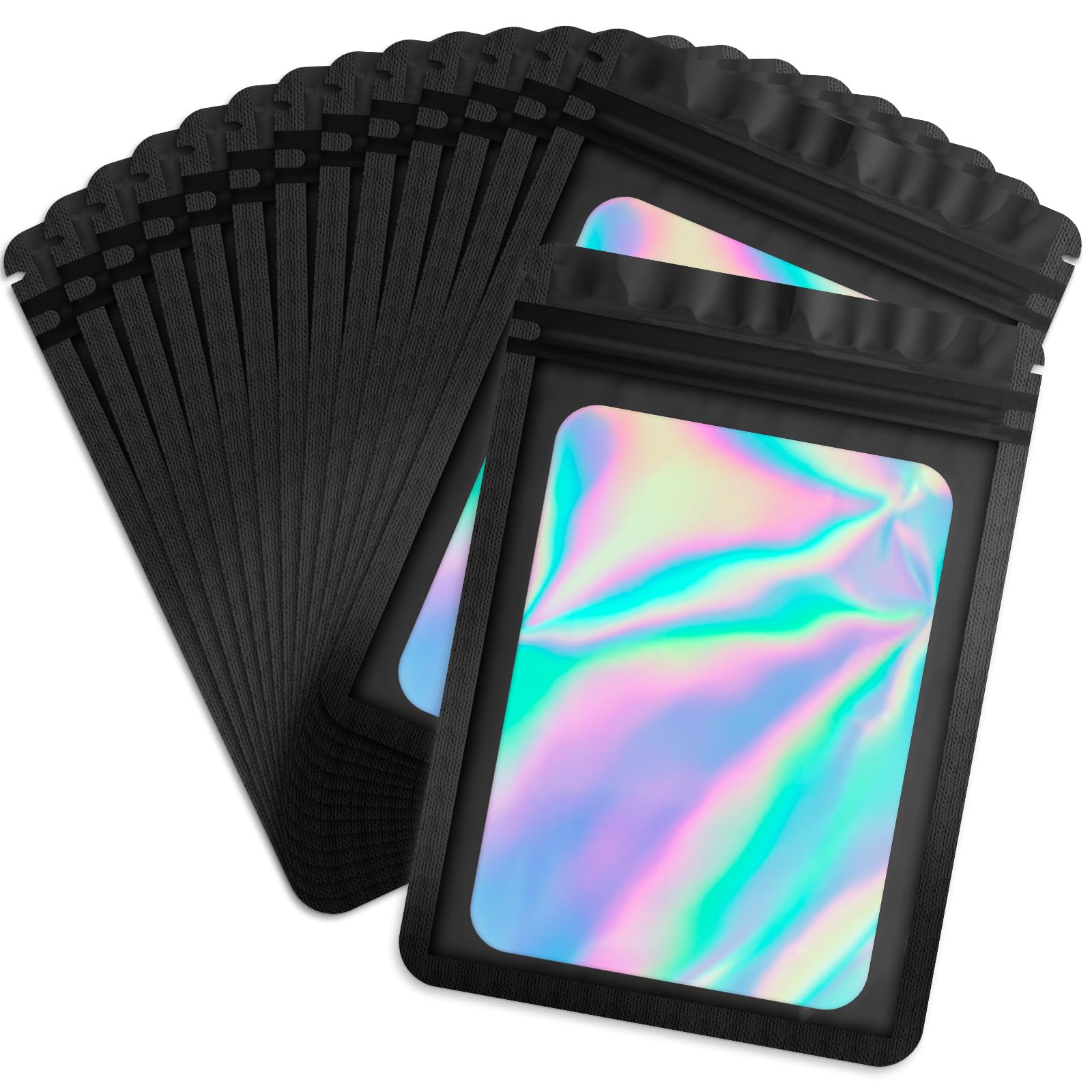 Durimoiy 100 Pack Black Zip Bags Holographic Bags, Resealable Bags for Small Business with Front Window,Sample Baggies Sealable Mylar Bags for Party Favor, Gifts Bags (4.3x7.5 Inch, Black)