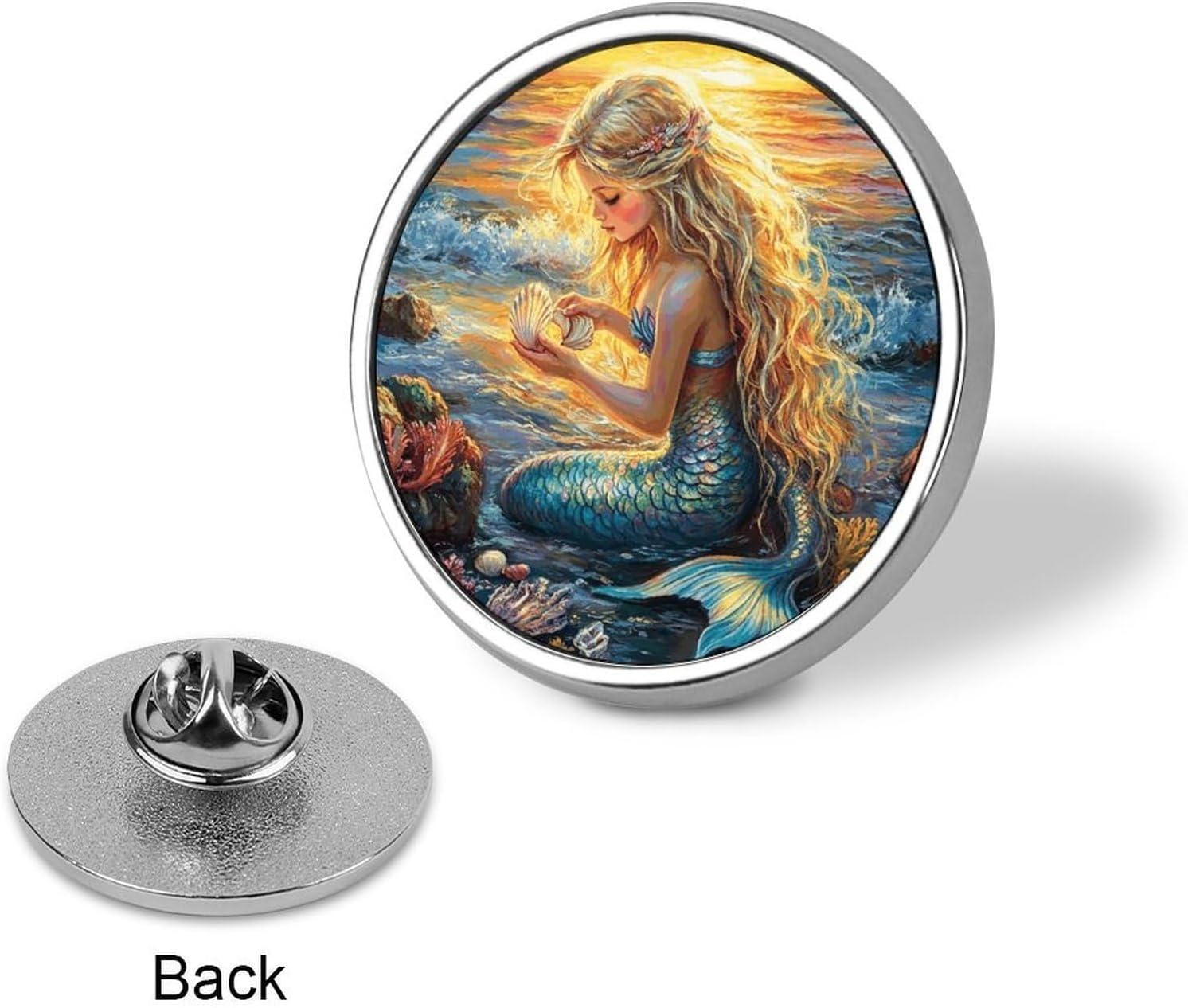Round Lapel Pin Decorative Brooch Pins, Sunset Mermaid image 3