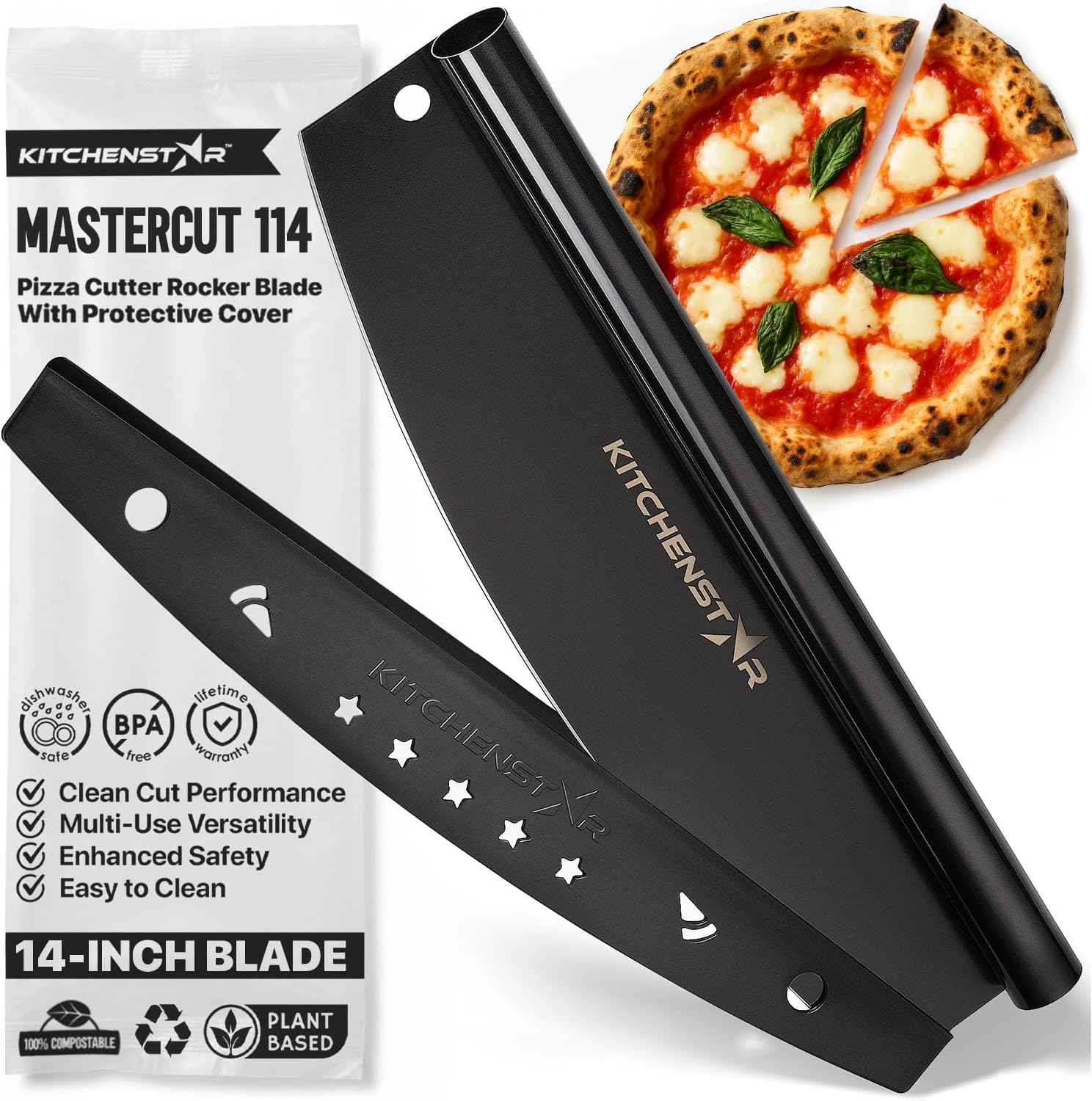 KitchenStar 14-Inch Pizza Cutter Rocker Blade - Sharp Stainless Steel Slicer Knife, Protective Cover, Dishwasher Safe, Large - Professional Pizza Oven Accessories