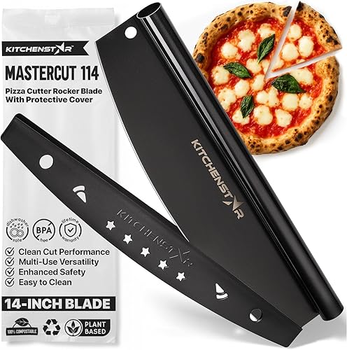 KitchenStar Cortador de pizza de 14 pulgadas con balancín y cuchilla - Cuchillo de acero inoxidable afilado, cubierta protectora, negro