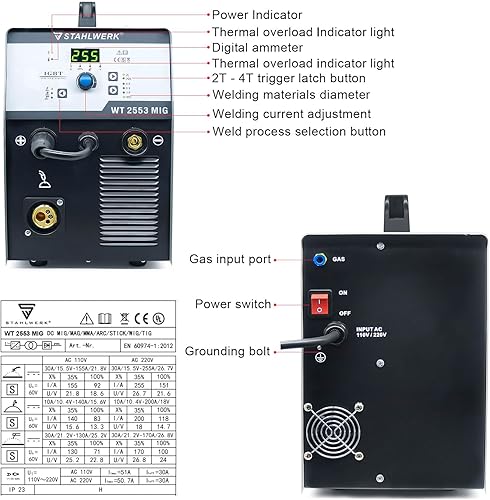 Miniatura 4 de Soldador Mig 255A 3 en 1 MIGTIGMMA 110V220V Máquina de soldadura de gas de doble voltajesin gas..