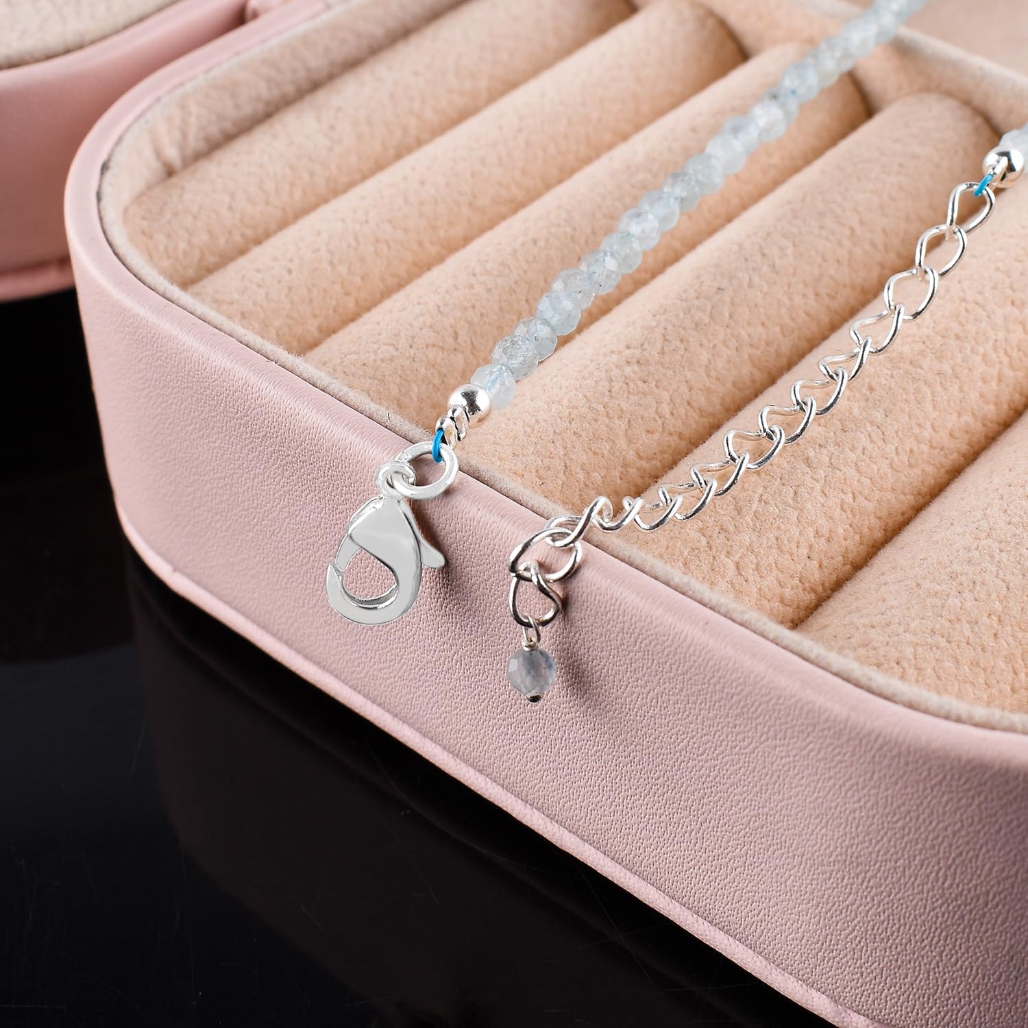 YANARA Natural Gemstone Choker Necklace For Women Gemstone Full Micro Beads Dainty Jewelry for her, March Birthstone, Energy Healing Crystals, Silver Plated Chain 18 inch - Image 3