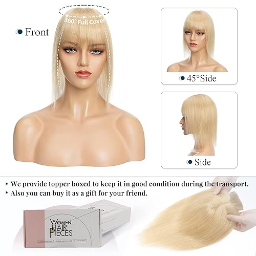Miniatura 8 de Benehair Peluca de cabello con clip con flequillo, peluca secreta de 100% cabello humano, postizo superior con flecos, peluca de repuesto para mujer