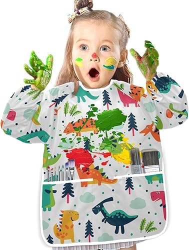 Miniatura 4 de STAYTOP Lindas batas de dinosaurio para niños, delantales impermeables para pintura de artistas para edades de 2 a 6 años, F
