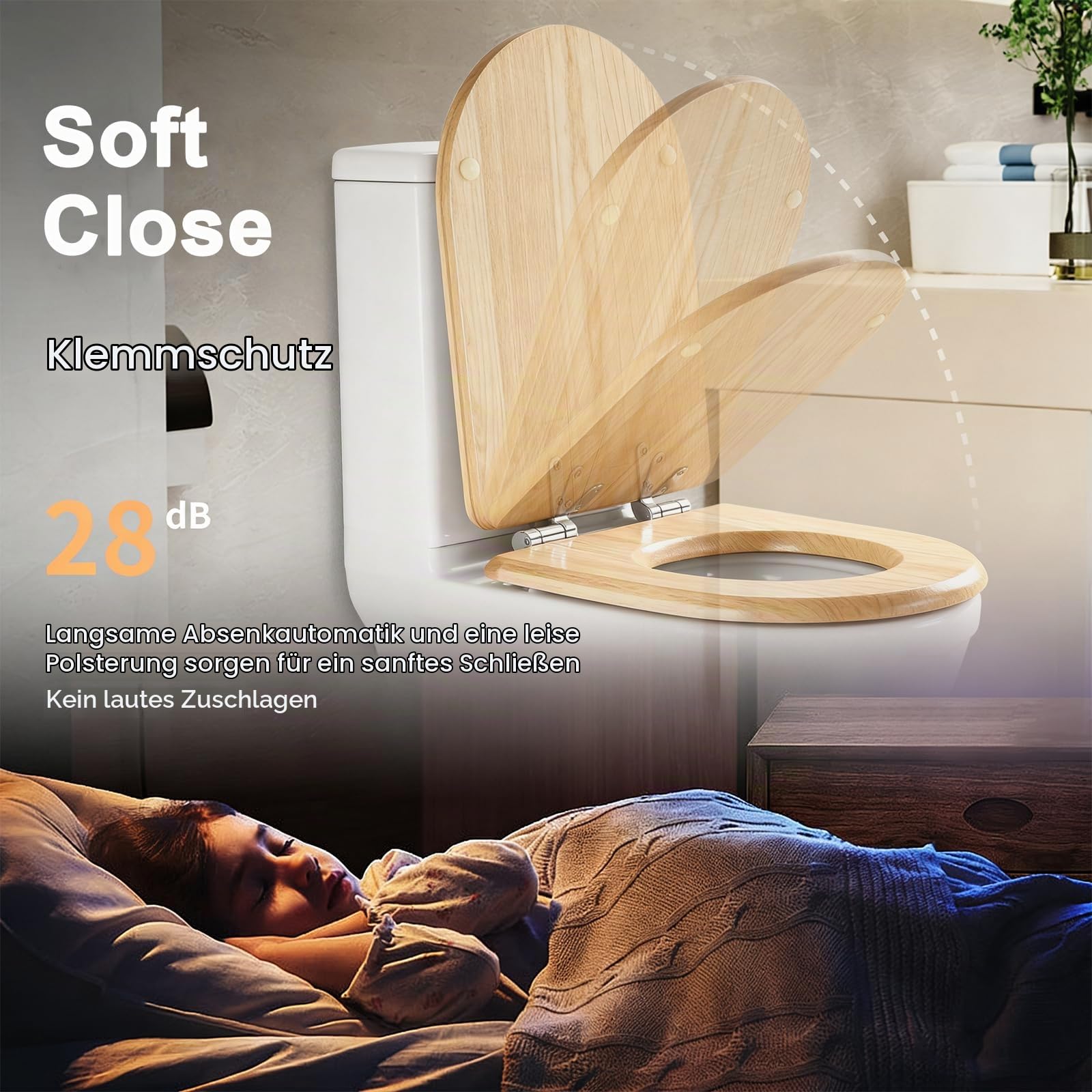 WC-Deckel aus Holz mit Absenkautomatik, D-förmiger WC-Sitz, einfache Montage(Von unten installieren), passend für die meisten WCs, Tragkraft bis 150 kg (Klein)