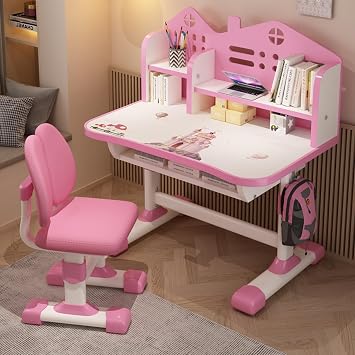 Kids Desk and Chair Set, Height Adjustable Children's Desks Kids Study Table and Chair Set Girls Desk Children School Table School Home Children Writing Desk with Storage Drawer Pink