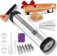 KneadEat Churro Maker Kit with Booster-powered Handle. Churrera, Piping Bag Churro-Filler. Easy QR-Recipe to Prepare and Fill Your Own Churros at Home - Cookie Churro Maker. (S. Steel.)