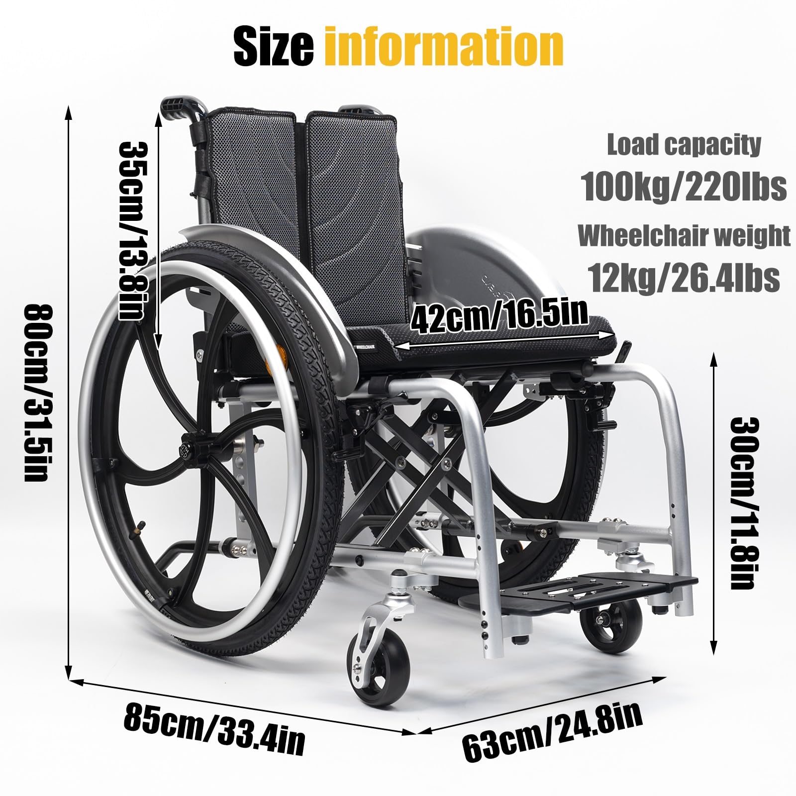 Sedia a rotelle sportiva pieghevole e leggera for tutti i terreni, sedia a rotelle in alluminio, sedia manuale autopropulsa con dispositivo antiribaltamento, facile da montare(42cm/16.5in)