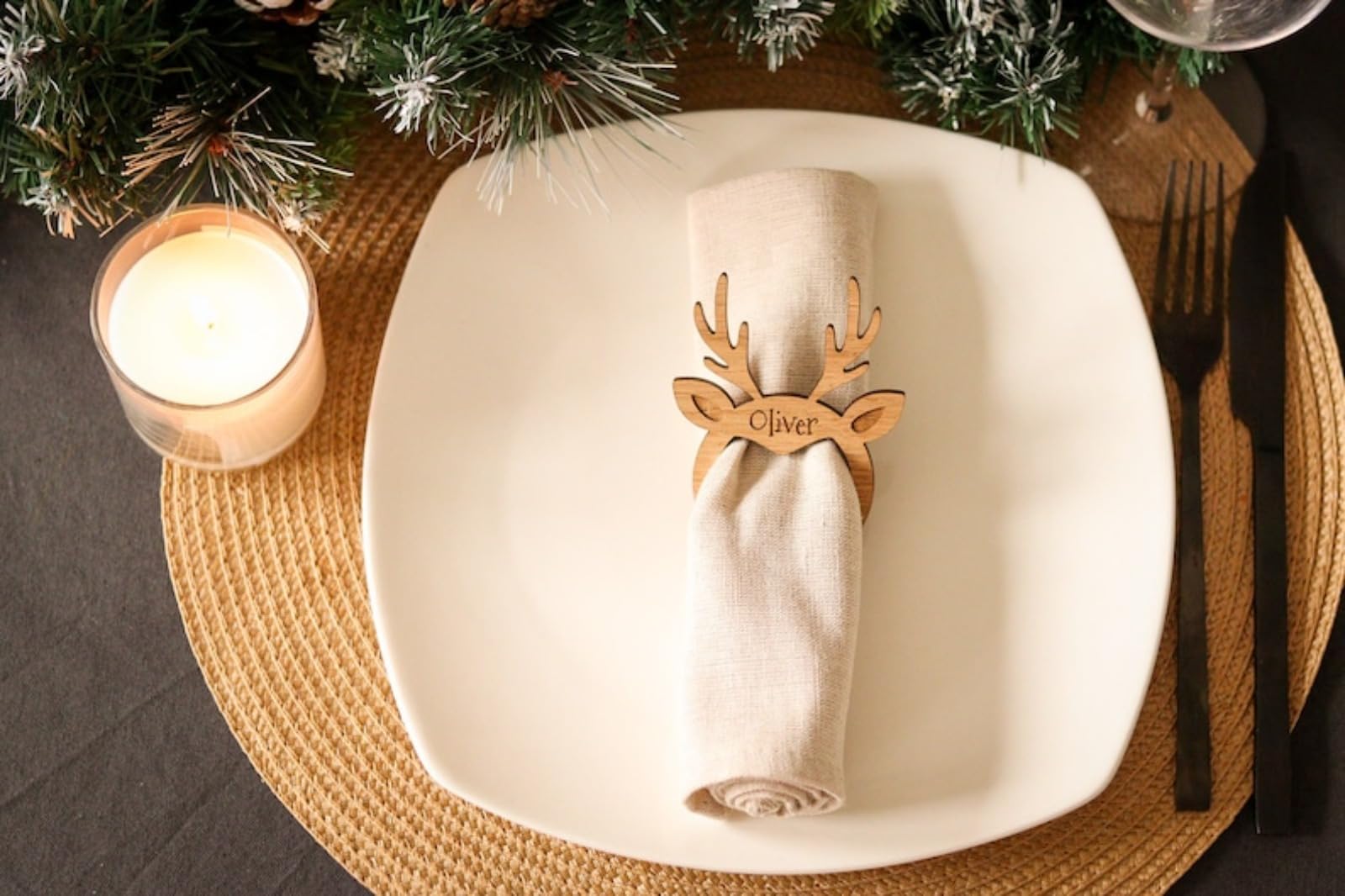 Portatovaglioli natalizi in legno a forma di renna, personalizzabili, con incisione, segnaposto, segnaposto, decorazione da tavola, decorazione per la cena, per Natale, vacanze, matrimoni, casa