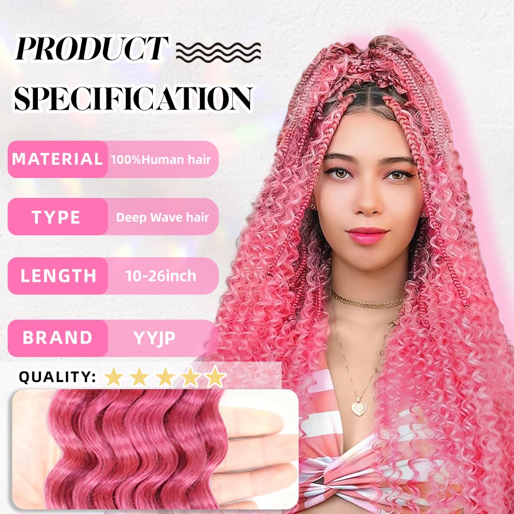 16 Inch Deep Wave Human Braiding Hair for Boho Braids – 120g 3 Bundles/Pack Pink 100% Unprocessed 12A Brazilian Virgin Human Hair Bulk, No Weft, Wet & Wavy Curly Extensions