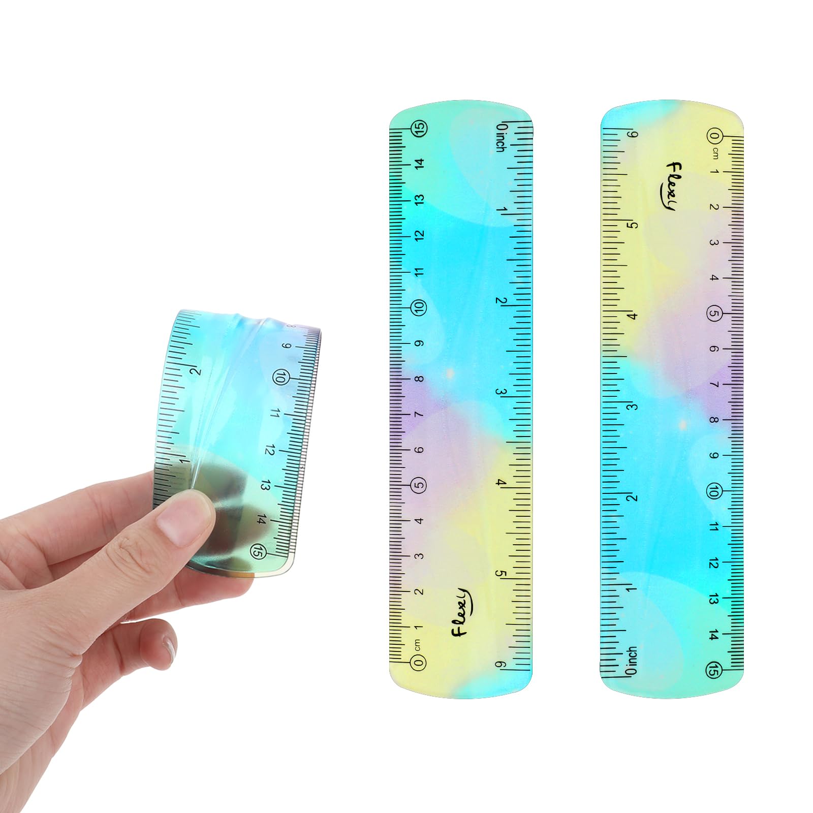 Molain Regla flexible, 2 unidades de reglas coloridas y suaves, reglas multicolores, 15 cm, de plástico PVC, regla transparente, irrompible, flexible para escuela, oficina, hogar, niños, niñas,
