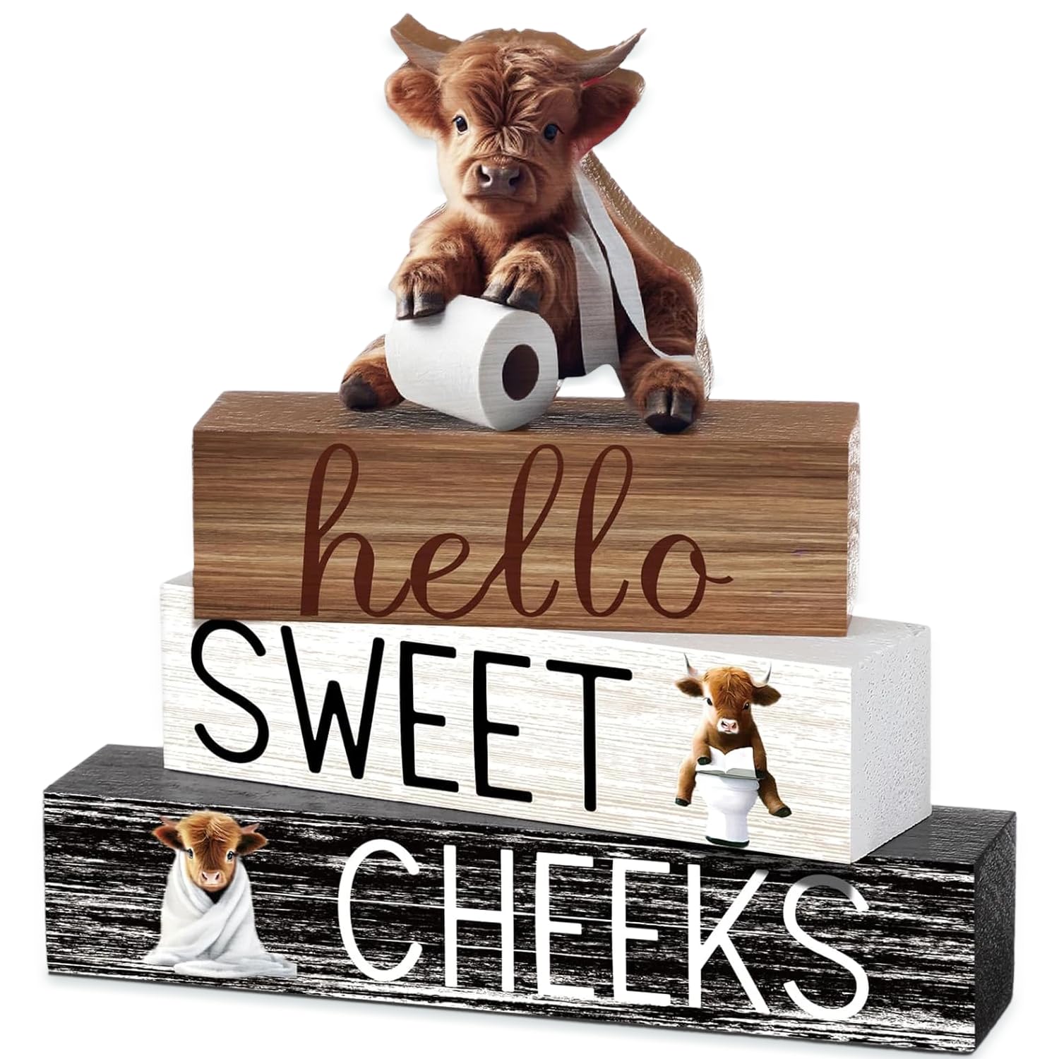 4 Pcs Highland Cow Decor Set, Wooden Home Ornaments for Living Room & Bedroom, Cow Decor with Farmhouse Style, Boxed; Includes Highland Cow, Highland Cow Bathroom Decor, Farmhouse Bathroom Decor (A)
