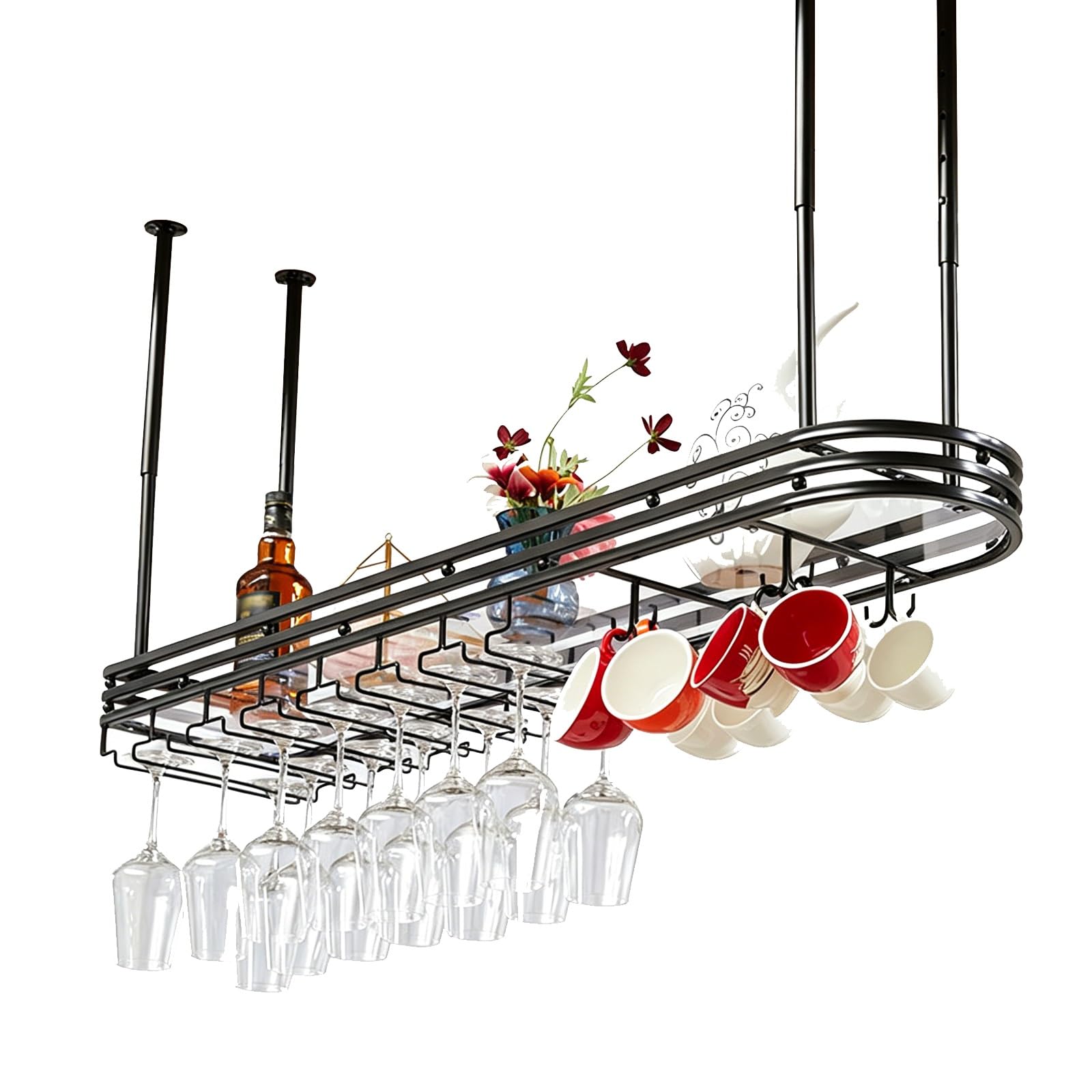 ASYJVWYZ 31x9.8in, 39x9.8in, 47x9.8in，Ceiling Mount Wine Glass Rack With Storage Shelf, Adjustable Height Hanging Stemware Holder(Black,80x25cm/31x9.8in)