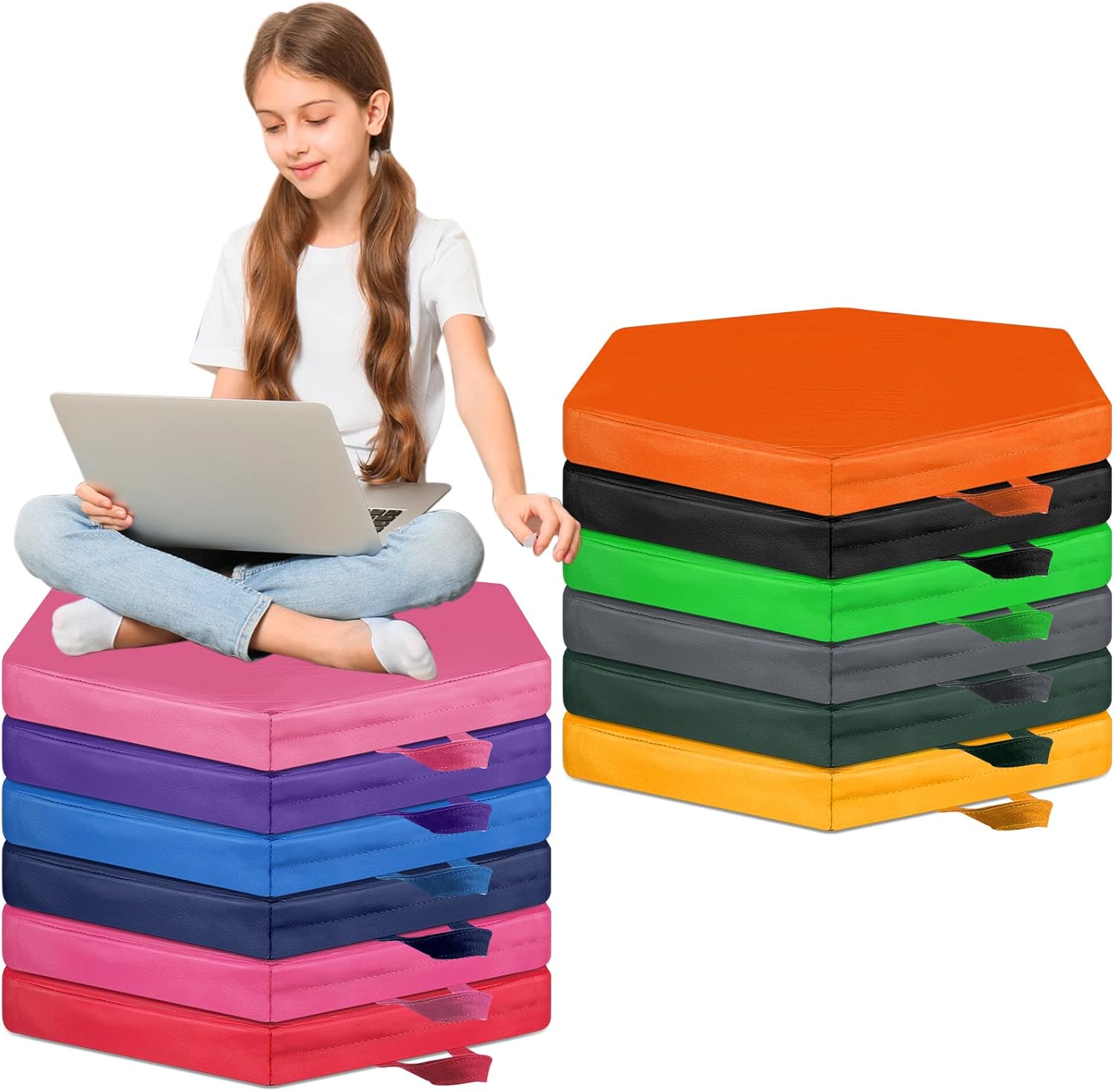 Riakrum 12 Pcs Floor Cushions Bulk 15 Inch Colored Flexible Seating with Handle Soft Foam Floor Pillow for Adults Daycare Office Chair(Hexagon)