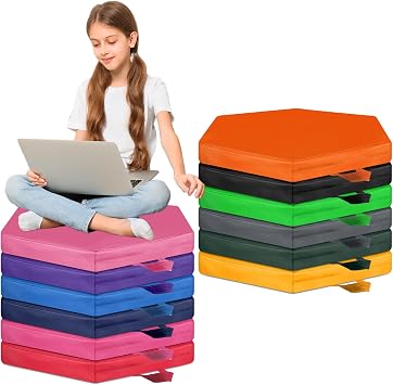 Riakrum 12 Pcs Floor Cushions Bulk 15 Inch Colored Flexible Seating with Handle Soft Foam Floor Pillow for Adults Daycare Office ChairHexagon