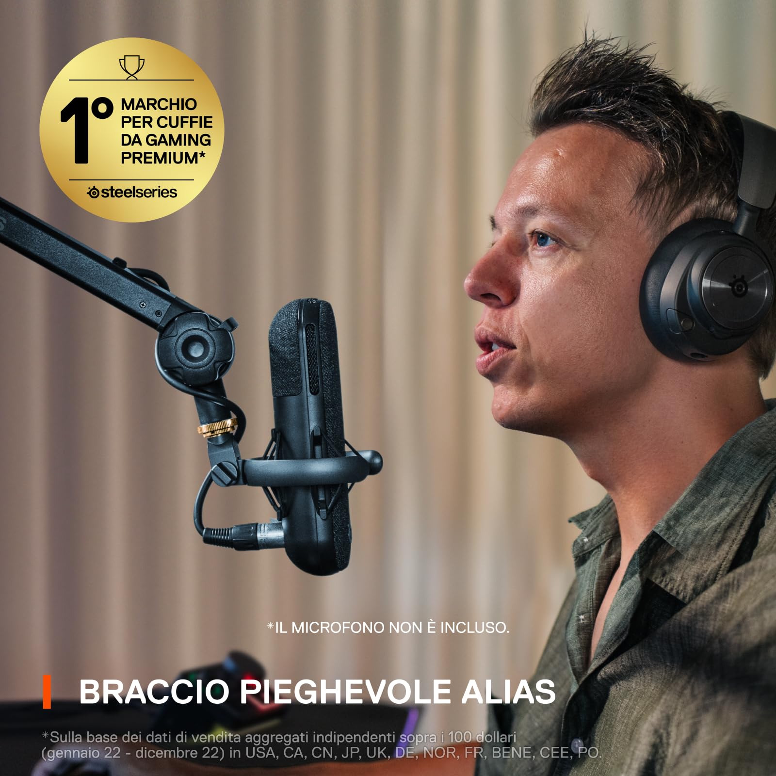 SteelSeries braccio pieghevole per microfono Alias - Per il gaming, lo streaming e il podcasting - Rotazione a 360° - Morsetto da scrivania - Design a forbice pieghevole - Adattatori da 3/8" e 5/8"