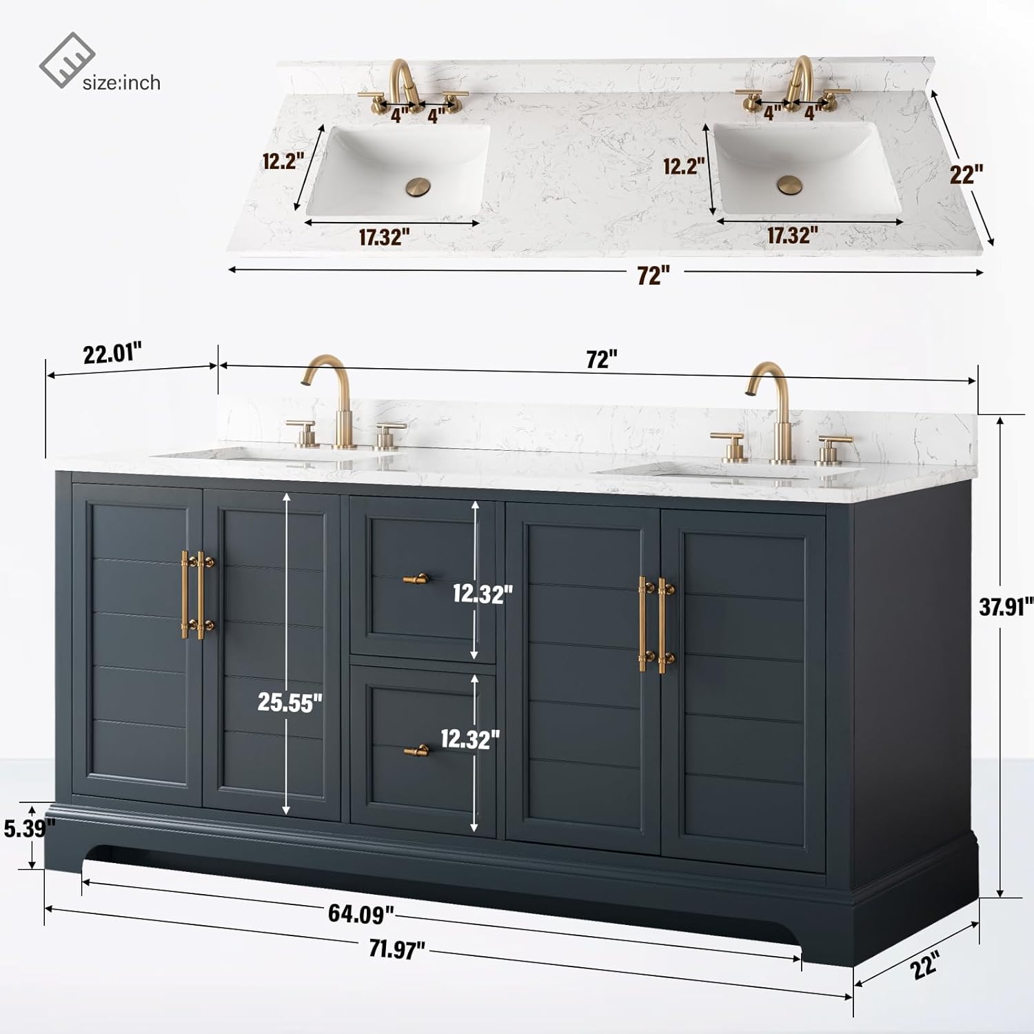 HOMEBEYOND 72 Inch Bathroom Vanity with Double Sink & Ceramic Top, Vanity Cabinet with Center Countertop Basin, Soft-Closing Doors, Backsplash, Vintage Spruce Blue