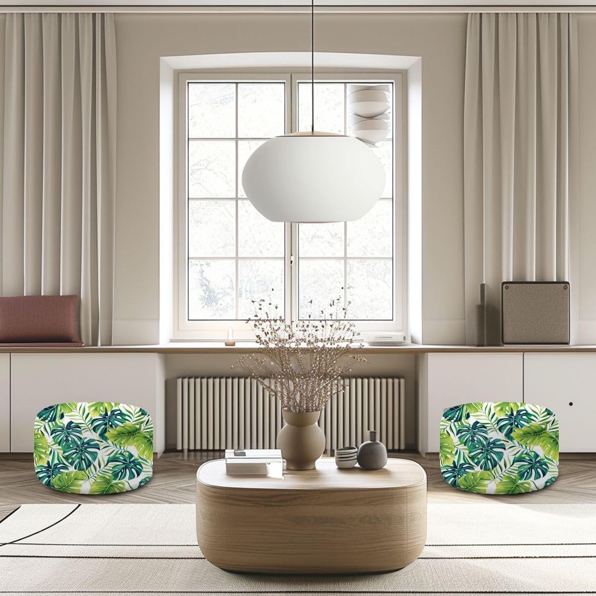 Round Pouf Ottoman Tropical Seamless Pattern Exotic Palm Leaves Foot Stool Foot Rest Floor Stool Bean Bag Chair Cotton Linen Removable Indoor Outdoor for Living Room Bedroom