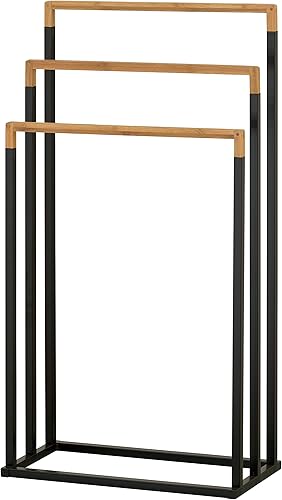 Miniatura 3 de MyGift Toallero de baño independiente de metal cromado negro de 33 pulgadas con barra de madera de bambú de 3 niveles, soporte de secado para