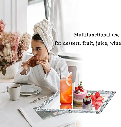 Miniatura 4 de Bandeja de vidrio de cristal, bandeja de maquillaje y perfume de espejo plateado con diamante triturado de 11.8" x 7.9", bandejas de joyería