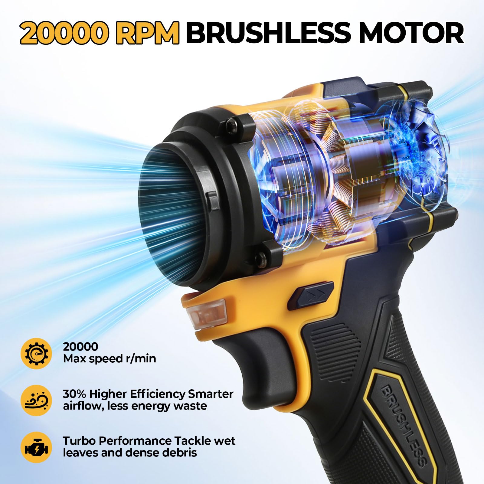 Soffiatore e aspiratore per foglie senza fili compatibile con batterie DEWALT da 18V e 20V, soffiatore d'aria 2 in 1 da 20 kPa e aspiratore da 8 kPa, 20000 giri/min con 3 ugelli e luce LED