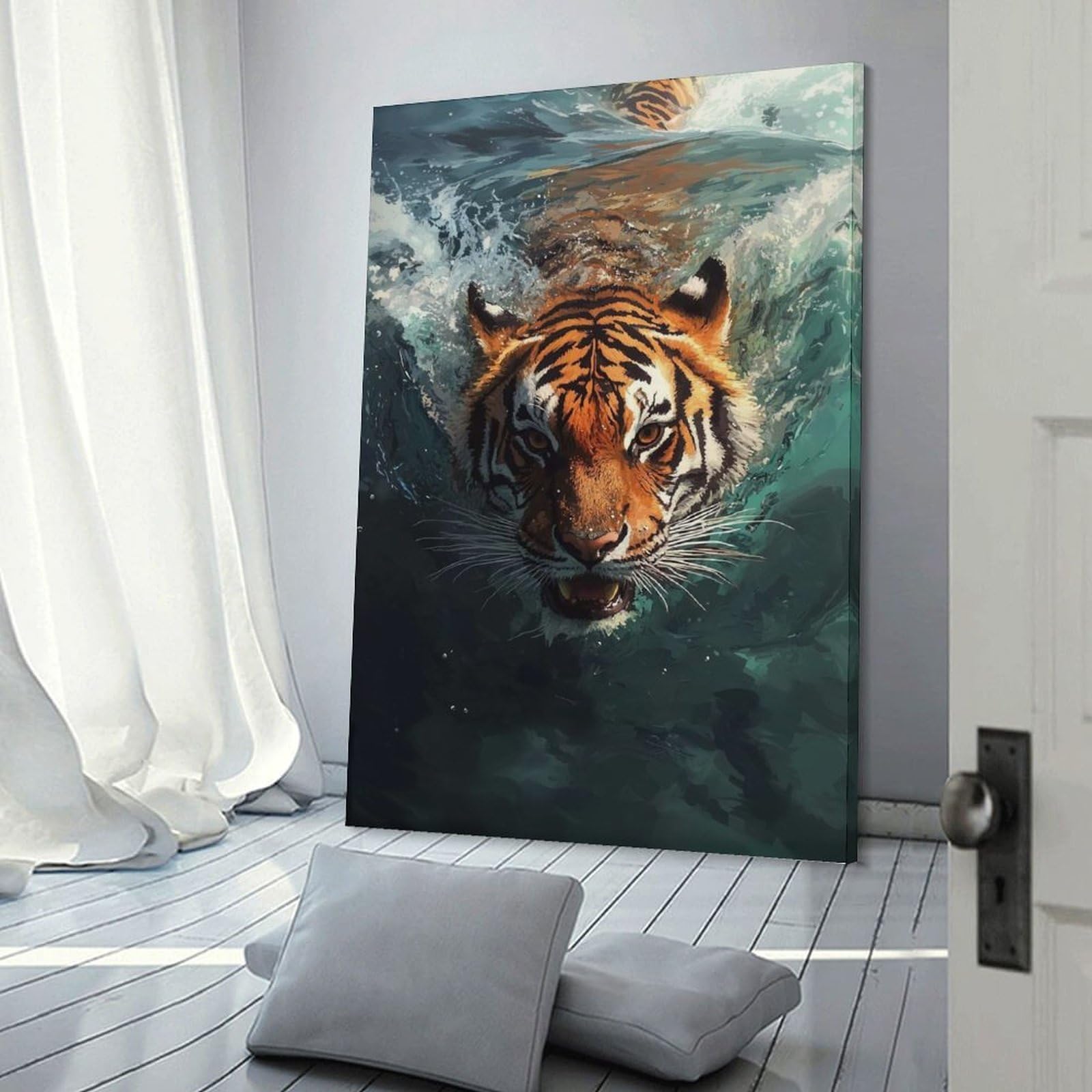 Junmoney Frame-Style-23 Tiger Swimming Underwater Decorative Wall Artwork 24X36inch(60X90cm), For Corridors, Hallways Or Apartment Entries, Home Artwork For First Impressions