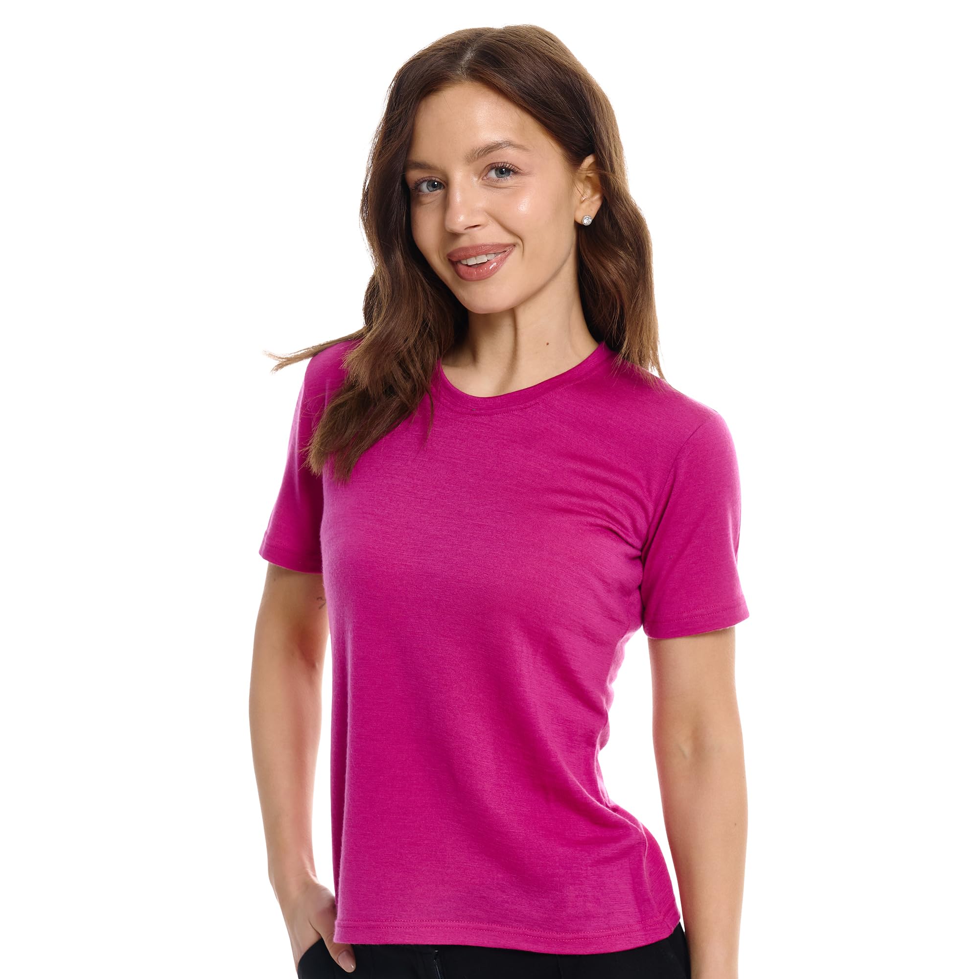 Merino.tech 100% Merino Shirt Damen Wandern - Merinowolle Tshirt Damen Kurzarm - Sport Thermo Unterhemd - Natürlich Weich Unterwäsche (Medium, Royal Fuchsia Crewneck)