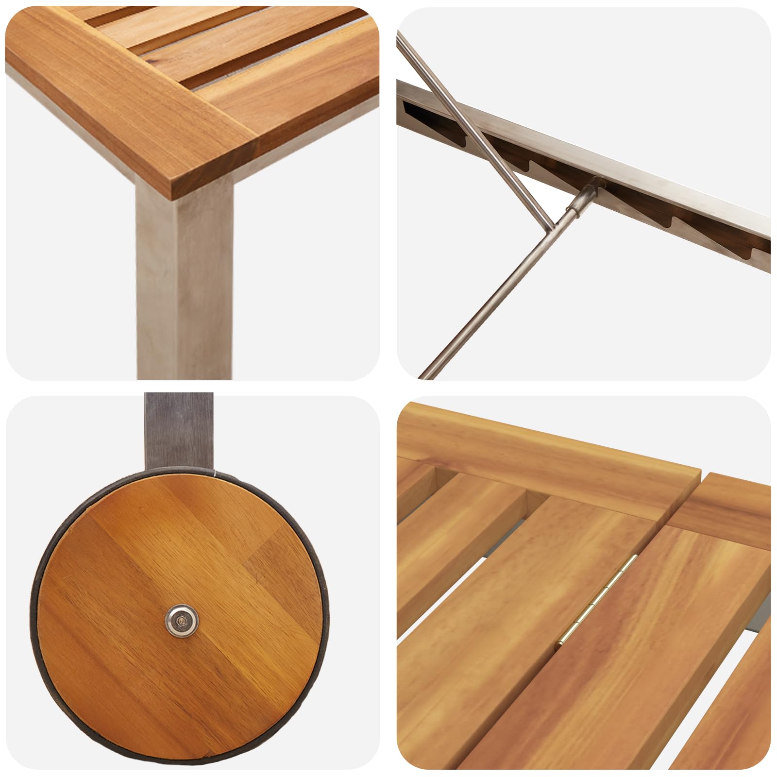 Lettino prendisole con ruote in legno massello di acacia e acciaio inox, schienale regolabile, resistente alle intemperie e facile da spostare per giardino o balcone, design moderno, spazioso