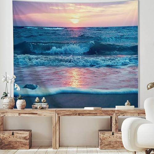 Miniatura 2 de IcosaMro Tapiz oceánico para colgar en la pared, mar, playa, ola, sol, nube, paisaje, naturaleza, arte de pared dobladillos dobles decoración